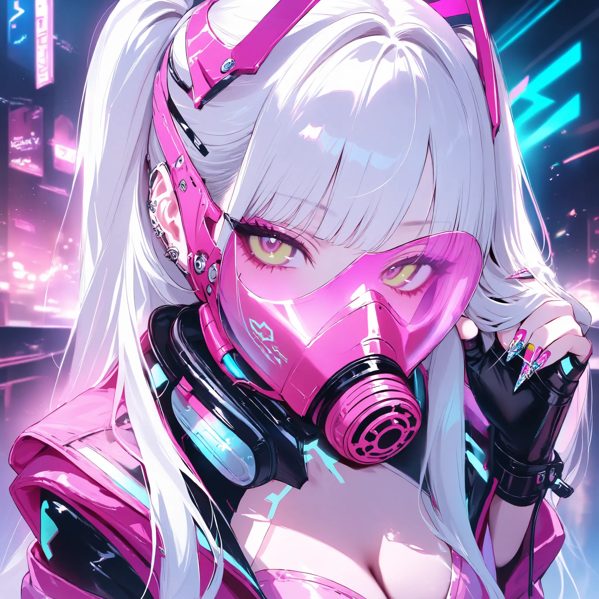 
girl, pink anti-gas mask, Cyberpunk, platinum long hair, platinum and pink clothing,Y2K Aesthetic, cybernetic implants, Metal nails, masterpiece, high score, great result, absurd results