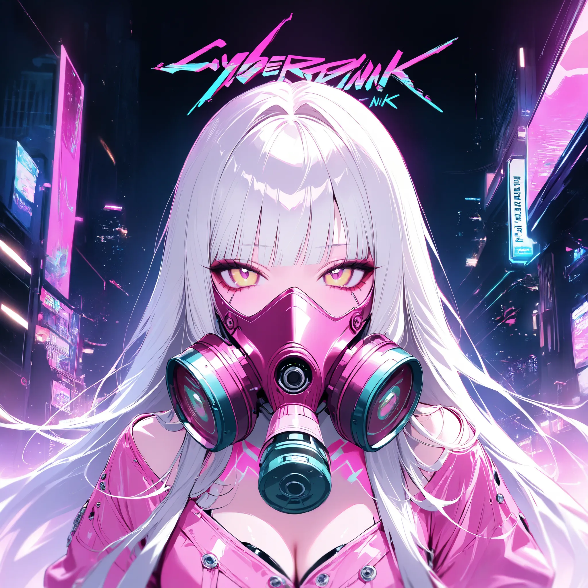 
girl, pink anti-gas mask, Cyberpunk, platinum long hair, platinum and pink clothing,Y2K Aesthetic, cybernetic implants, Metal nails, masterpiece, high score, great result, absurd results