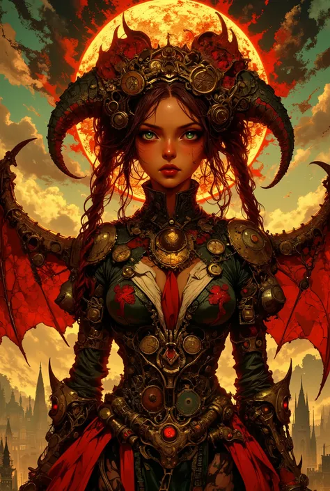 (Shinkai Makoto style, anime style, Oil painting elements, Cinematic Lighting) demon woman with horns, crimson lips and black eyeliner, with reddish skin、mechanical steampunk wings on her back , green eyes, mechanical atmosphere, Twin Tail Hairstyles, curl...