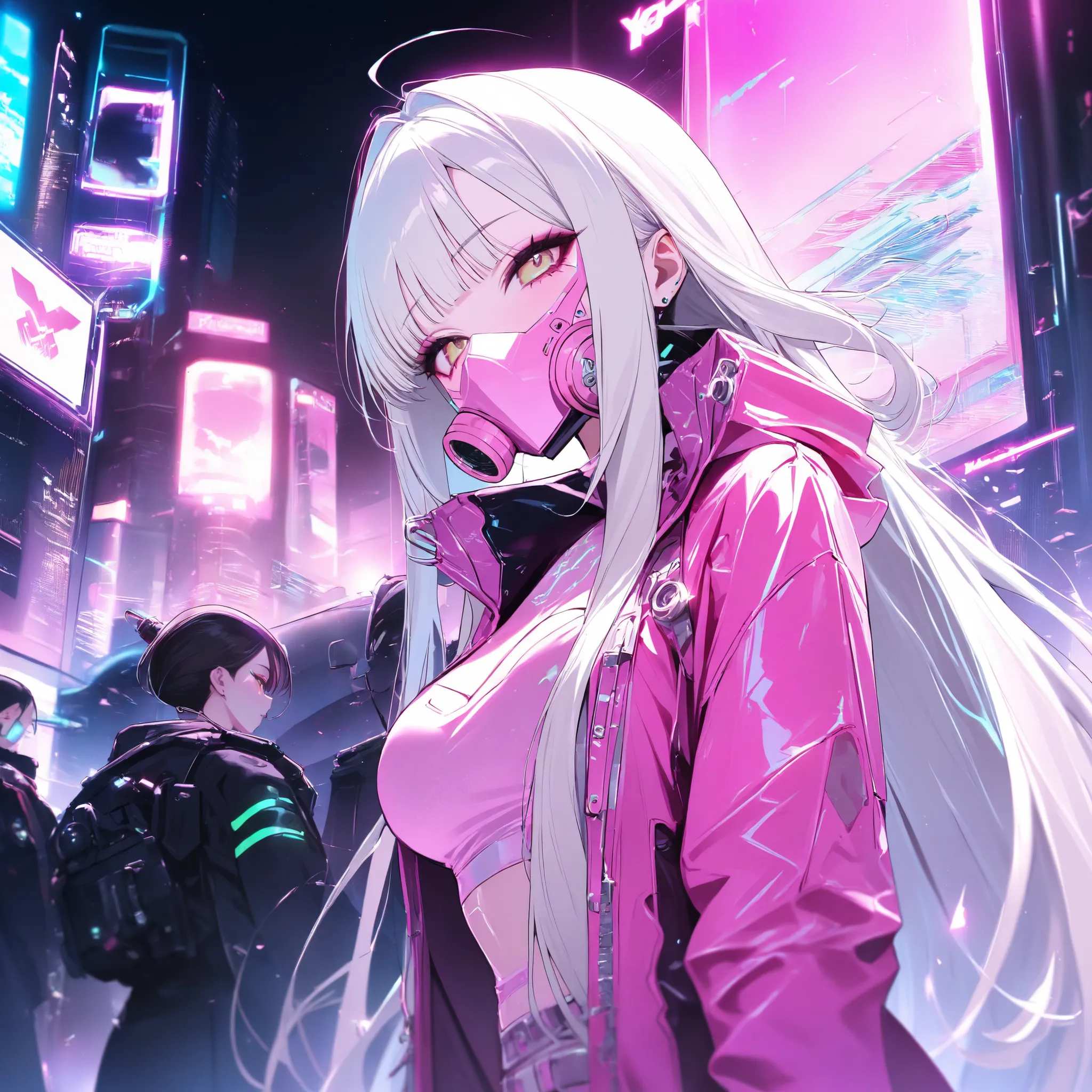 
girl, pink anti-gas mask, Cyberpunk, platinum long hair, platinum and pink clothing,Y2K Aesthetic, cybernetic implants, Metal nails, masterpiece, high score, great result, absurd results