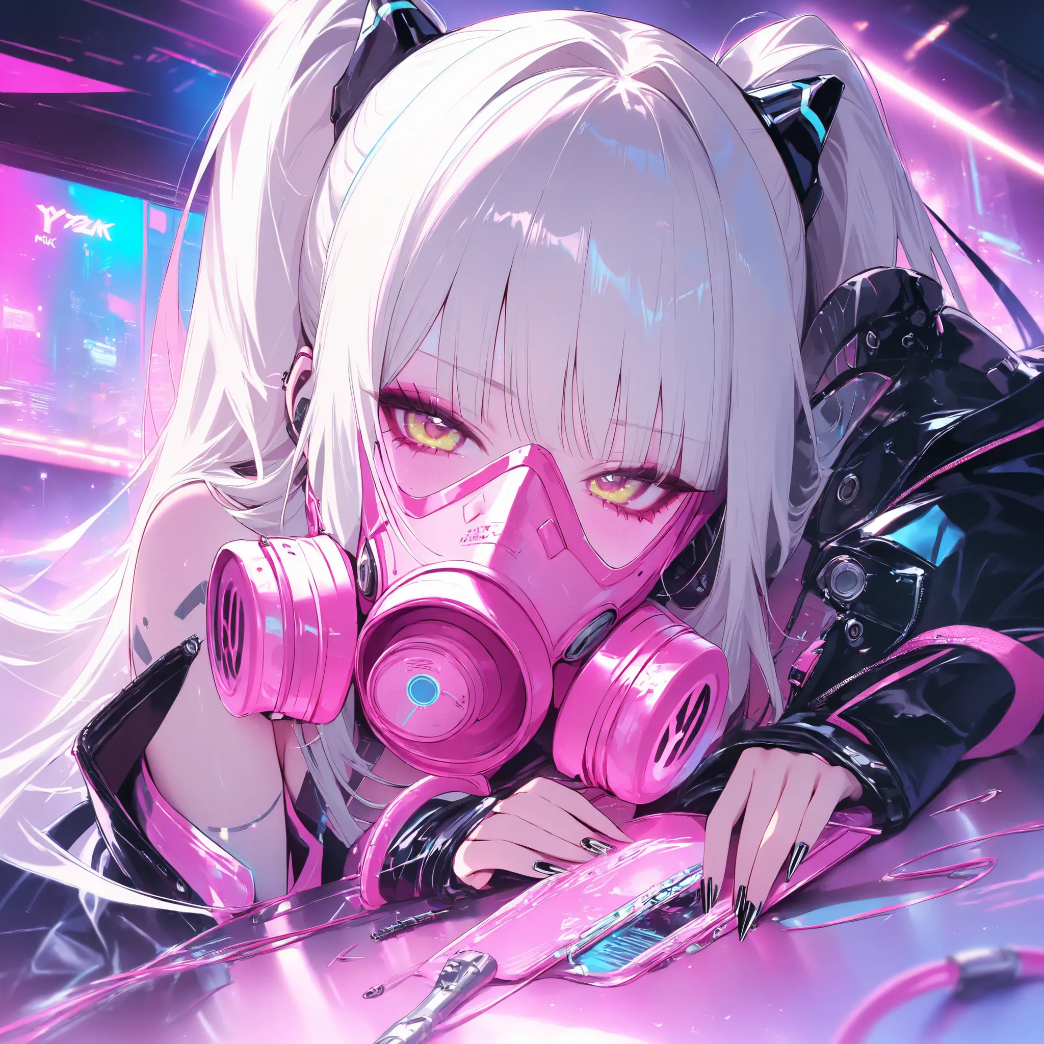 
girl, pink anti-gas mask, Cyberpunk, platinum long hair, platinum and pink clothing,Y2K Aesthetic, cybernetic implants, Metal nails, masterpiece, high score, great result, absurd results
