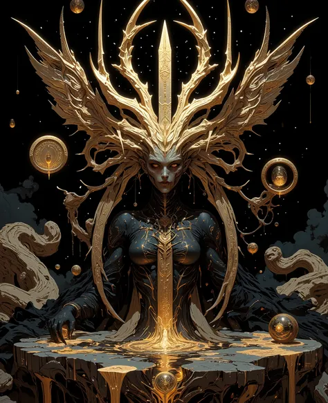 Done in a gothic art nouveau expressive surreal 3/4 portrait style, we see A hyper-realistic, otherworldly celestial being with an overwhelming presence, designed to evoke both fascination and fear. This entity has an elongated, humanoid form with unnatura...