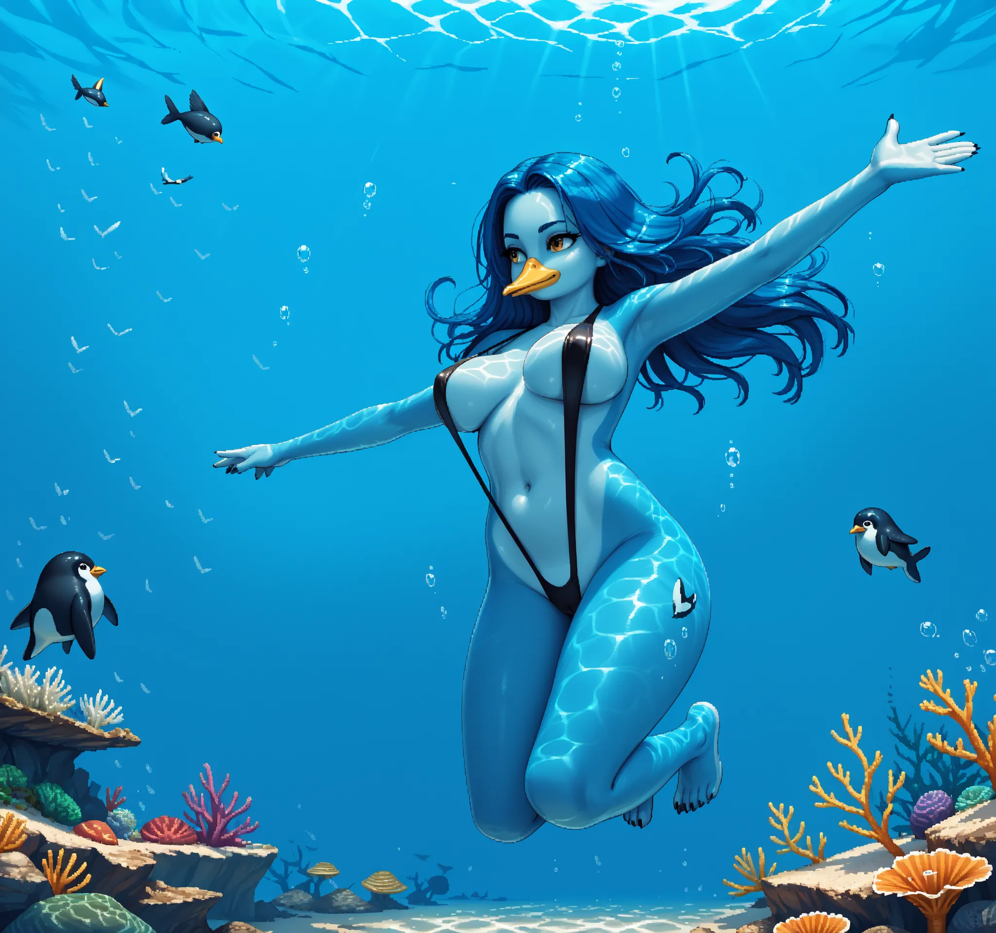 score_9, score_8_up, score_7_up, source_anime, 1girl, solo, pixel art, anthro bird, anthro furry bird, penguin girl, yellow beak BREAK
Long hair, blue hair, large breasts, forehead, winged arms, (plumage, white plumage, blue plumage skin, blue skin), whi...