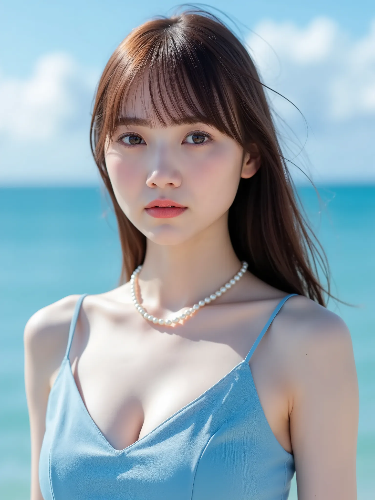 Sweet girl clothes2,pearl necklace,blue dress,  ((knee shot)), (Shot from a random perspective), (medium shot), detailed, dense, masterpiece, a girl, beautiful, outdoor, seaside, Blue sky and white clouds, sea, elegant posture, Attractive pose, sexy, sexy的...