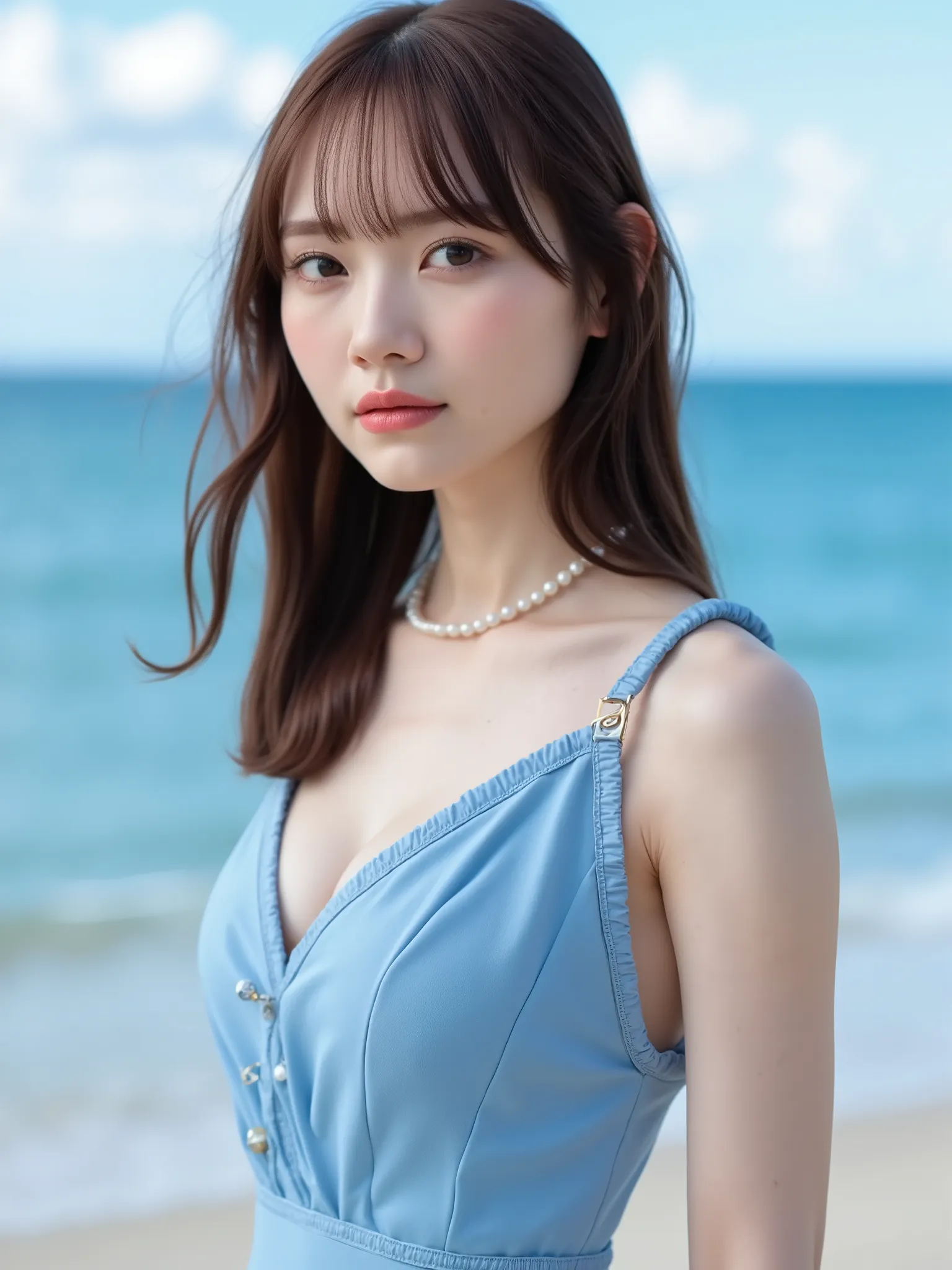 Sweet girl clothes2,pearl necklace,blue dress,  ((knee shot)), (Shot from a random perspective), (medium shot), detailed, dense, masterpiece, a girl, beautiful, outdoor, seaside, Blue sky and white clouds, sea, elegant posture, Attractive pose, sexy, sexy的...