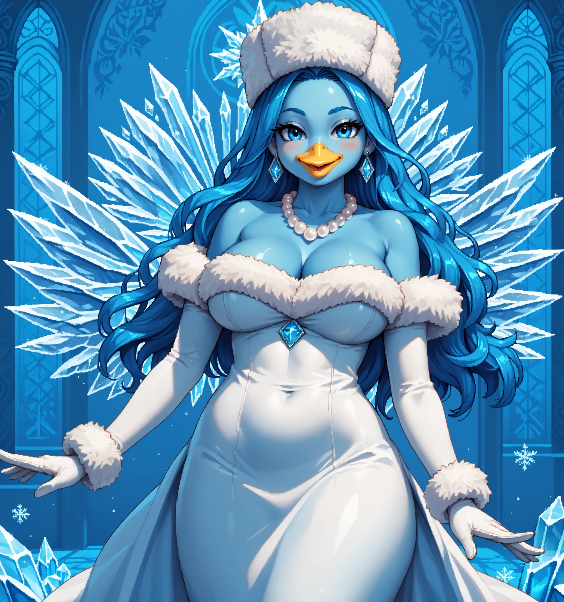 score_9, score_8_up, score_7_up, source_anime, 1girl, solo, pixel art, anthro bird, anthro furry bird, penguin girl, yellow beak BREAK
Long hair, blue hair, large breasts, forehead, winged arms, (plumage, white plumage, blue plumage skin, blue skin), whi...