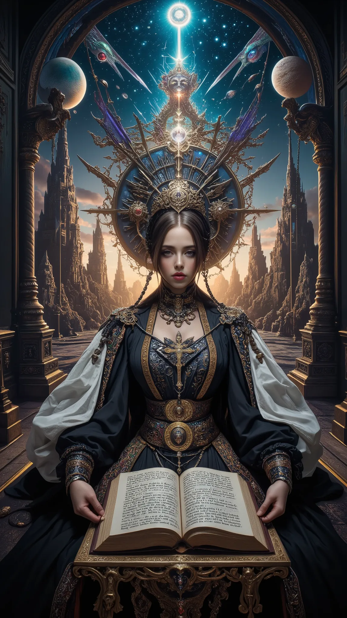 Surreal Painting,  An extravagant, mysterious female figure dressed in intricately embroidered black and white medieval clothing that fits her form perfectly , A jeweled rosary necklace with a large crucifix rests on her shoulder,Allusions to a historical ...