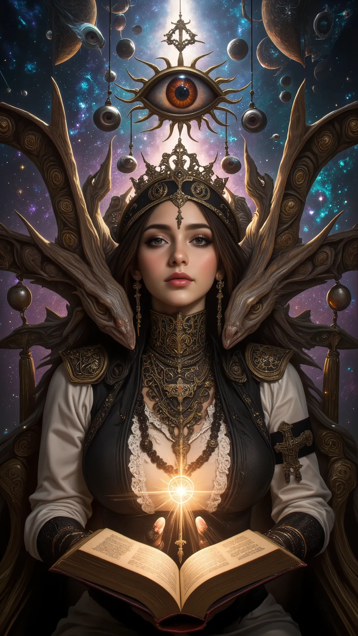 Surreal Painting,  An extravagant, mysterious female figure, gazes at viewer with secret smile,dressed in intricately embroidered black and white medieval clothing that fits her form perfectly , A jeweled rosary necklace with a large crucifix rests on her ...