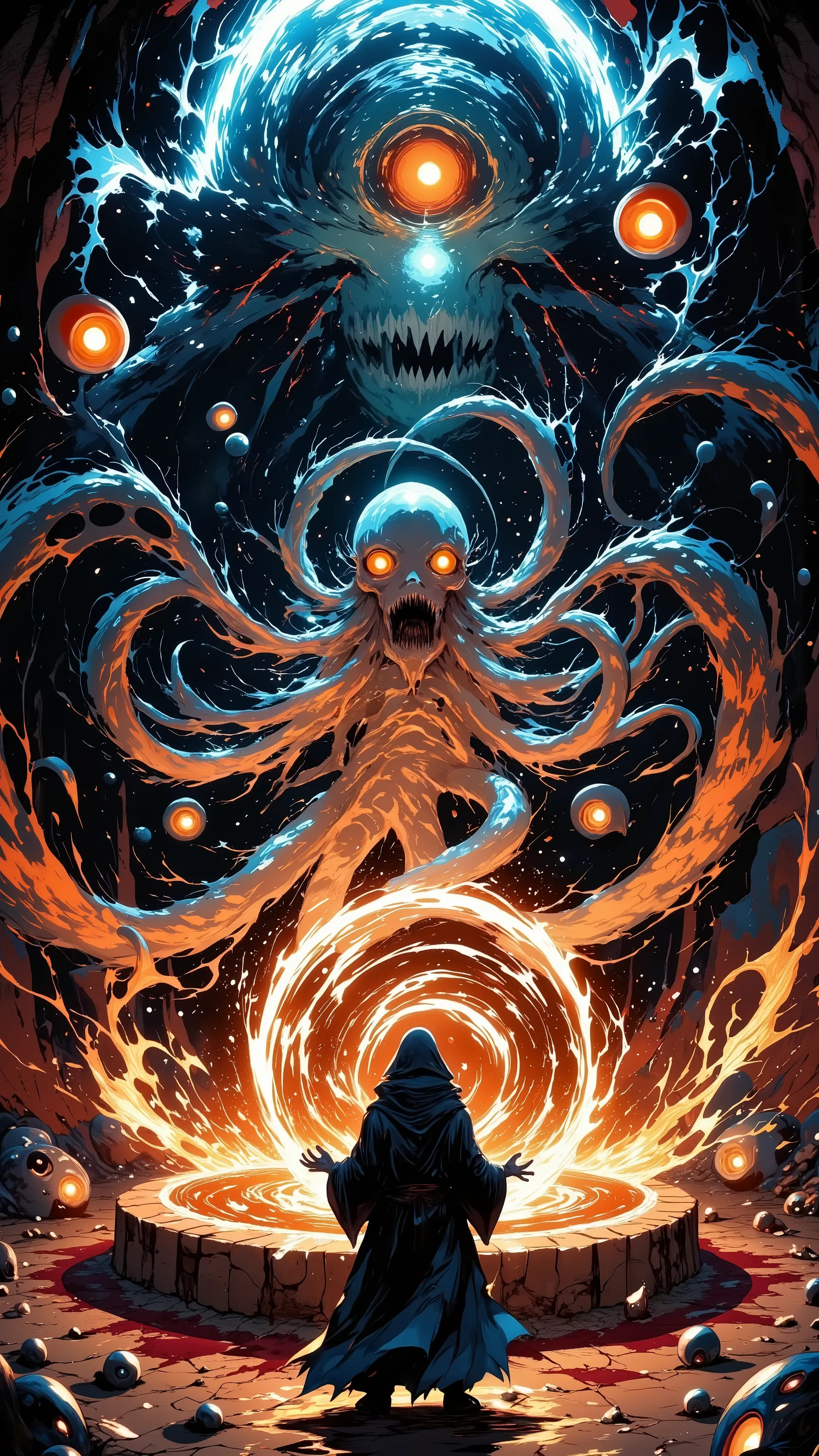 (Dark priest in front,portrait:1.2),top quality, Ultra Fine, Masterpiece, A summoning ritual of a mad monstrosity, 複雑に絡み合う,(big jellyfish),disaster々Shii Magic Circle, A Cthulhu-like entity with wriggling tentacles, A dark space with countless evil eyeballs...