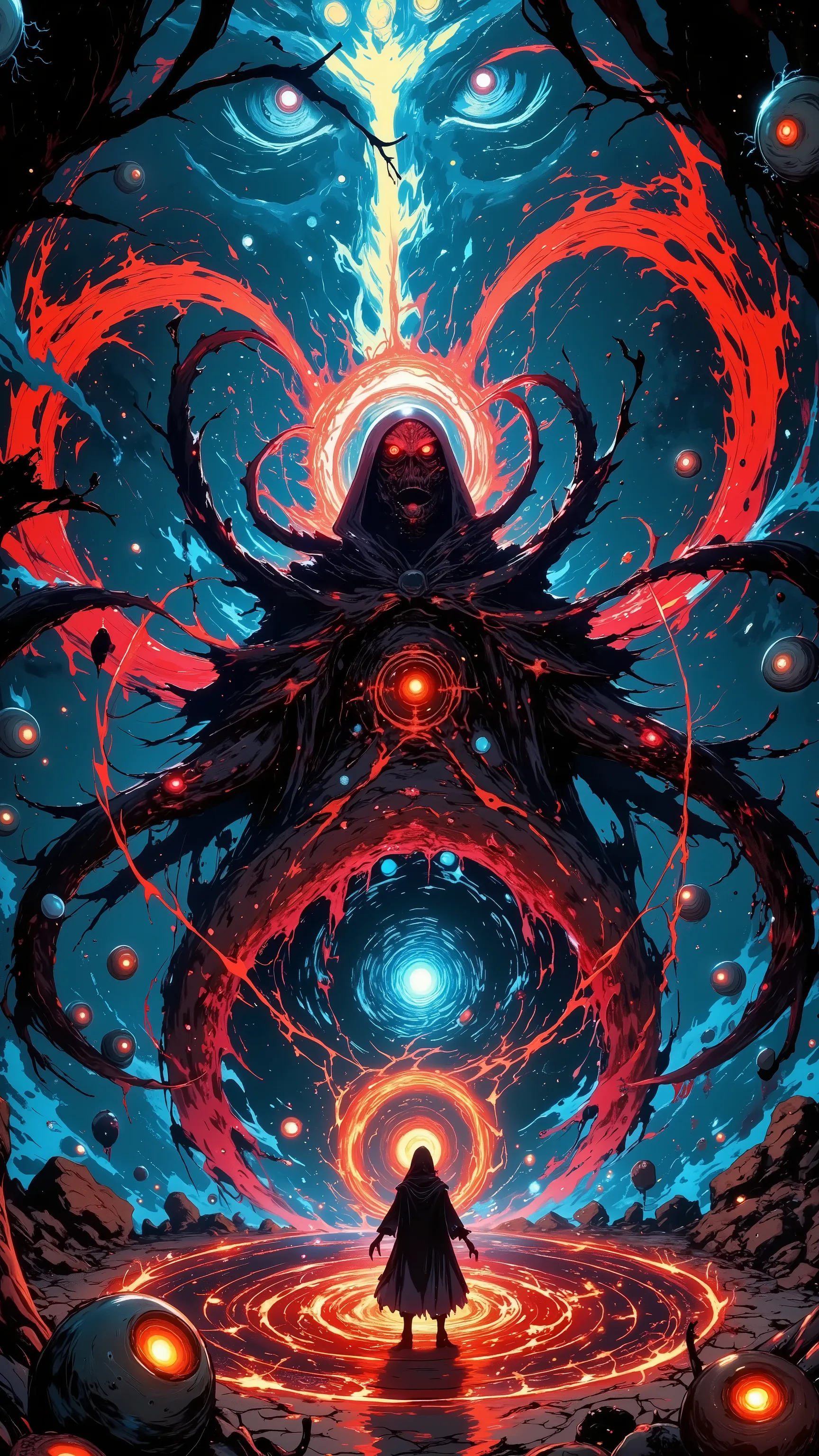 (Dark priest in front,portrait:1.2),top quality, Ultra Fine, Masterpiece, A summoning ritual of a mad monstrosity, 複雑に絡み合う,(big jellyfish),disaster々Shii Magic Circle, A Cthulhu-like entity with wriggling tentacles, A dark space with countless evil eyeballs...