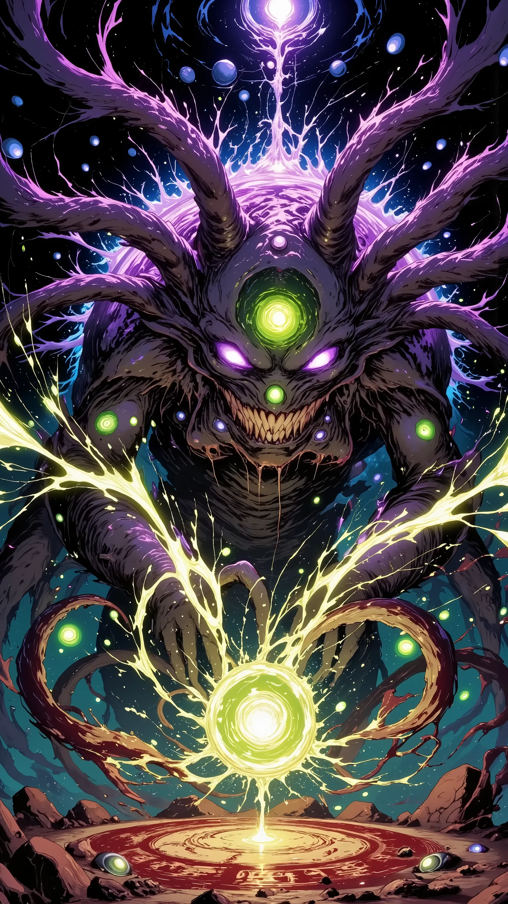 top quality, Ultra Fine, Masterpiece, A summoning ritual of a mad monstrosity, 複雑に絡み合う,(big jellyfish),disaster々Shii Magic Circle, A Cthulhu-like entity with wriggling tentacles, A dark space with countless evil eyeballs floating in it, A gigantic monstros...