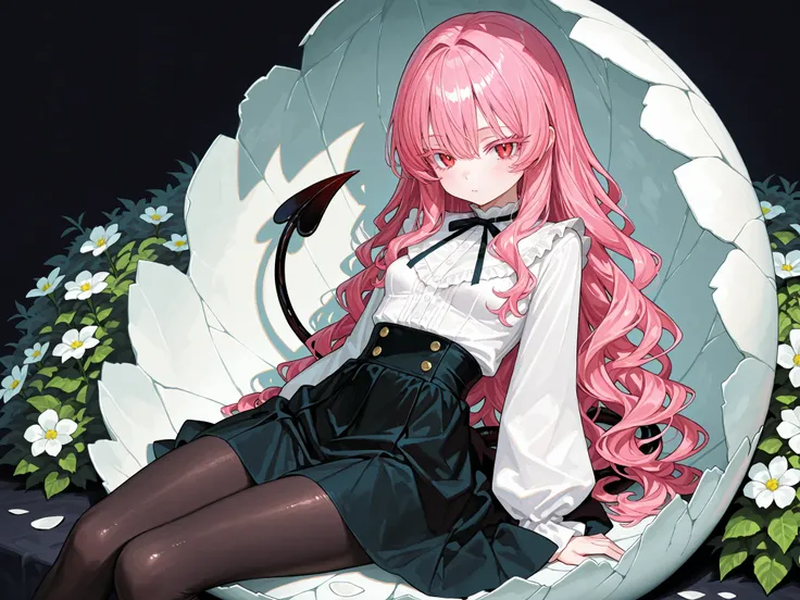 HIGH DEFINITION Ultimate Masterpiece Detailed depiction 1 girl Devil's Girl Glossy pink hair Voluminous Lashes wavy soft hair SLIM BODY small breasts (white blouse black high waisted flare skirt) (black tights) devil's tail (black eggshell) black eggshell ...