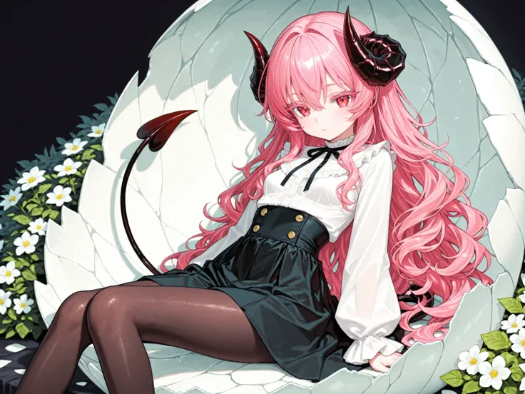 HIGH DEFINITION Ultimate Masterpiece Detailed depiction 1 girl Devil's Horns devil's tail Glossy pink hair Voluminous Lashes wavy soft hair SLIM BODY small breasts (white blouse black high waisted flare skirt) (black tights) devil's tail (black eggshell) b...