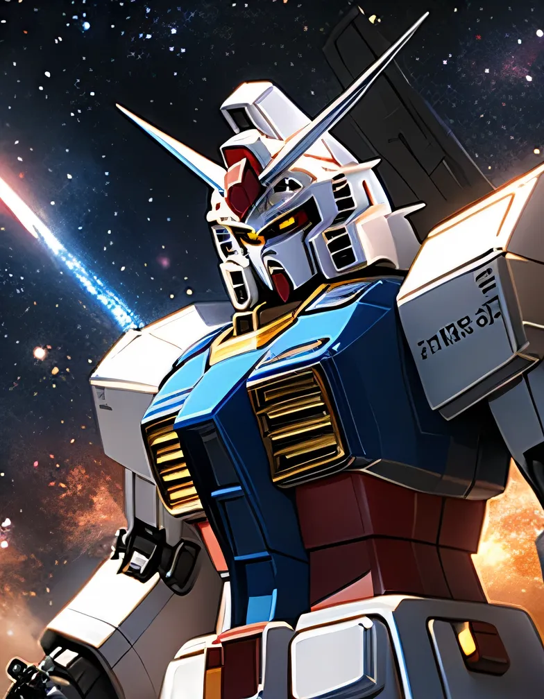 （（（Highest quality、 First Class 、masterpiece、normal body、8k、detailed face、super precise、Normal hand、Normal see、５see、Highest）））、Gundam、GUNDAM、RX-78、mobile suit、General Purpose Humanoid Mobile Weapon、Tricolor Color、Twin MonoEye、 universe、outer space