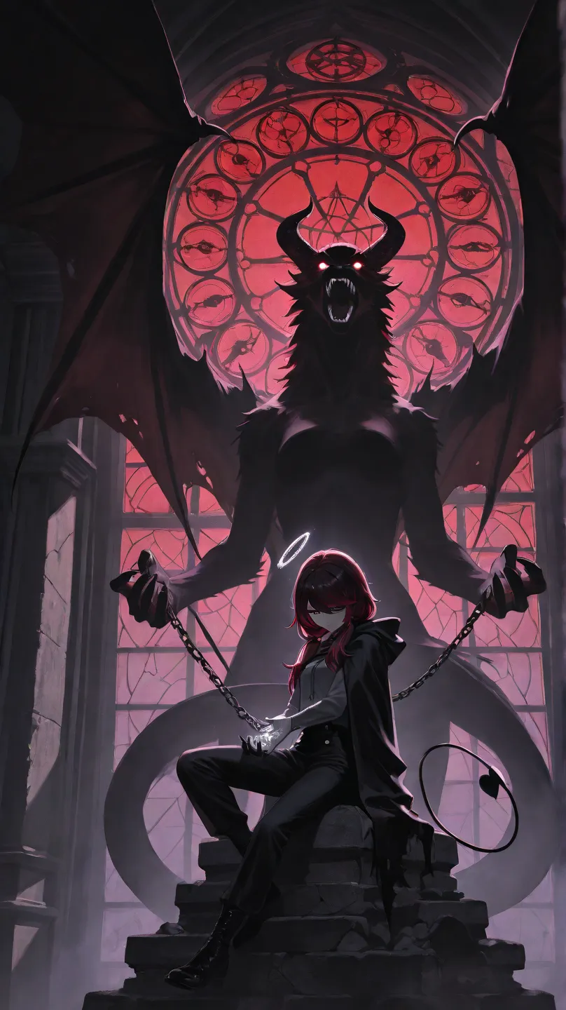 masterpiece, best quality, a black pentagram circle, pentagram circle on window, circle on the stained glass window in the background, shattered stained glass, glimmering stained glass, ((a shadowy demon sits inside the circle, black demon wings, black demon tail, black horns, roaring demon, black wispy demon, white glowing eyes, chains attached to demon)), in the foreground stands a girl, her back is to the view, she holds the chains,  messy hair, dark red hair, dark purple highlights, scar, dark shadows on hands, long hair, low twin tails, swept bangs, gray eyes, sitting on base of statue, looking down, lifeless eyes, shadows over eyes, tired, portrait, action pose, dynamic angle, long swept bangs, strapless sleeveless shirt, gray shirt, hair ribbons, black trousers, black cloak, tattered cloak, dusk, holding chains, dusk, shadowy aura, dark aura, stained glass angel wing, contouring the stained glass into a wing, lifting hands, temple ruins, high contrast black and white with selective dark purple accents, dramatic composition with ink splatter effects and motion blur, manga style with explosive effect, limited color palette, monochrome dramatic lighting