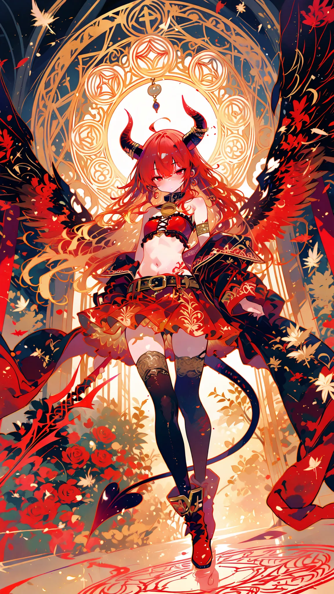 masterpiece, best quality, amazing quality, 748cmstyle, miaomiao_liulifa, Artistic、Gradation Outline、Summon Devil Girls from the Magic Circle、Devil's Horn、Red Eyes(Glows faintly)、黒い髪、Thin long hair、Devil's Costume、Red Tube Top、red miniskirt with a red spear、black stockings、red long boots、Heart-shaped Devil Tail、Red Devil Feathers、Cute Magic Circle That Glows Pink、Poses Appearing Above the Magic Circle、Golden ratio balance、wide angle lens