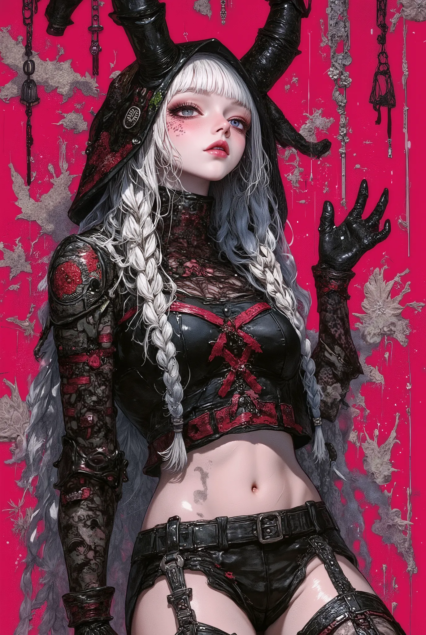 Gothic_girl, ((top quality)), (super high resolution), (super detailed), Chris Bachalo inspired, exquisite digital illustration, womanhood, Studio Ghibli Dark Fantasy, a tall skinny female high fashion model goddess, heavy eye makeup, hauntingly beautiful,...