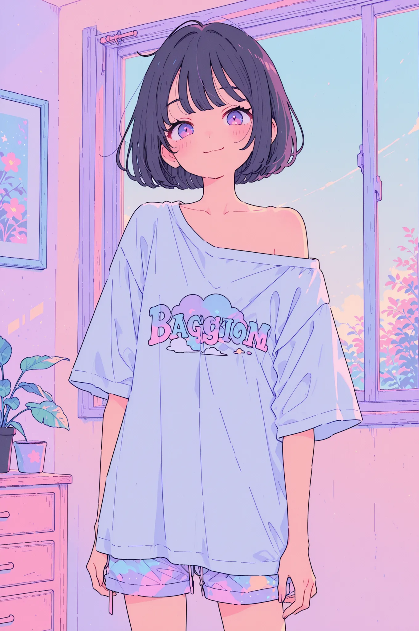(masterpiece), best quality, high quality, high detail, high resolution, (pastel colors, watercolors), sharp and thin outlines, (baggy clothes, very large t-shirt, one shoulder exposure, collarbone), (short cotton shorts), (one boy, young boy), solo, black...