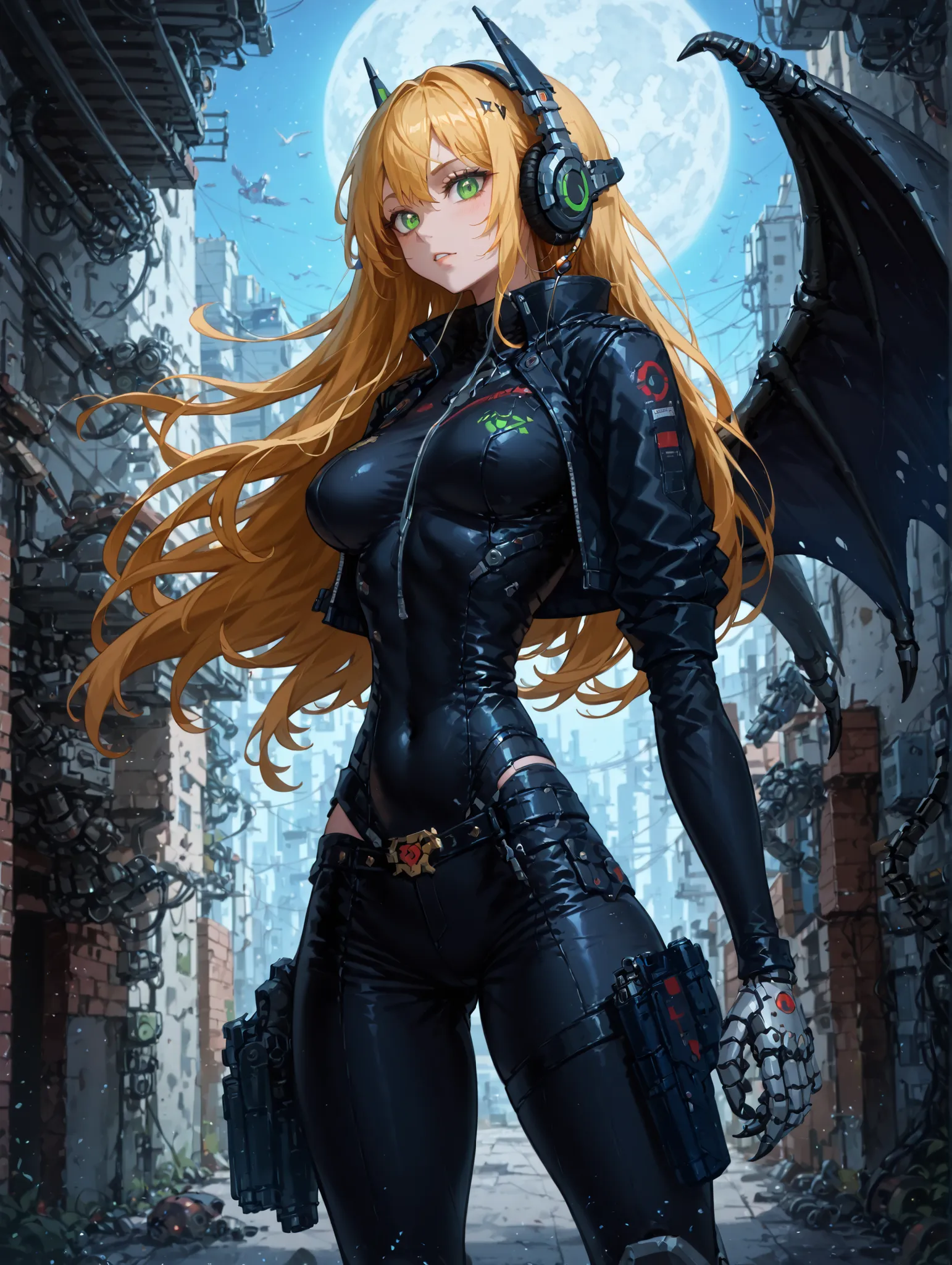For Mechanical Sides、High Quality、anatomically accurate、 Bluetooth Headphones(Demonic wing design)、night、moon、  android girl  , back alley、 golden hair、green eyes、detailed body , Dark Armor, very sexy 、my skin is white, Layered,  Show Internal Mechanisms ,...