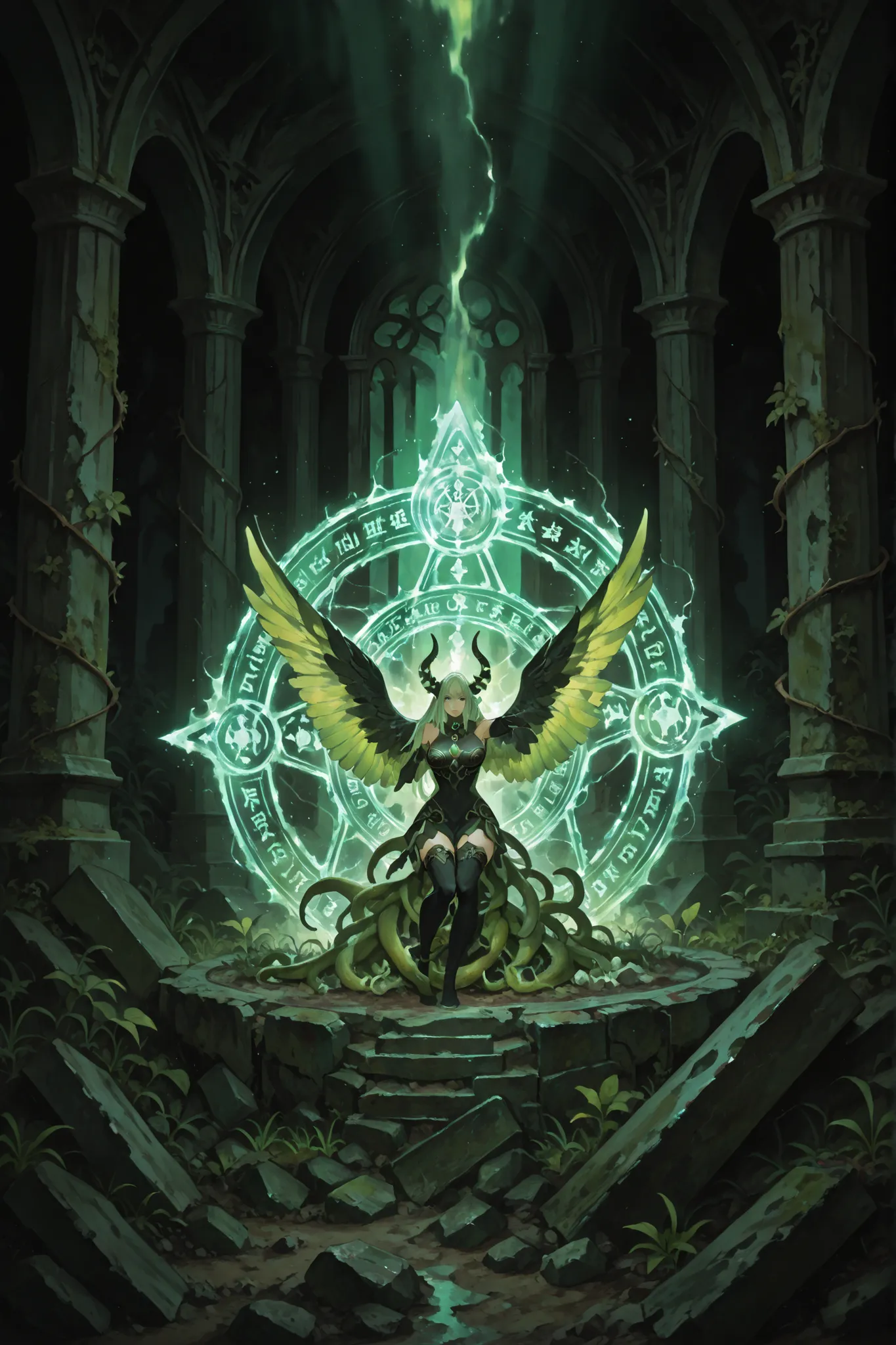 in ancient collapsed ruins,  an overgrown temple , A cracked, weathered magic circle emits an unhealthy green light.grotesque, the upper body of a demon with multiple legs twists、Push out the portal, skin covered with strange symbols. vine grass and moss c...
