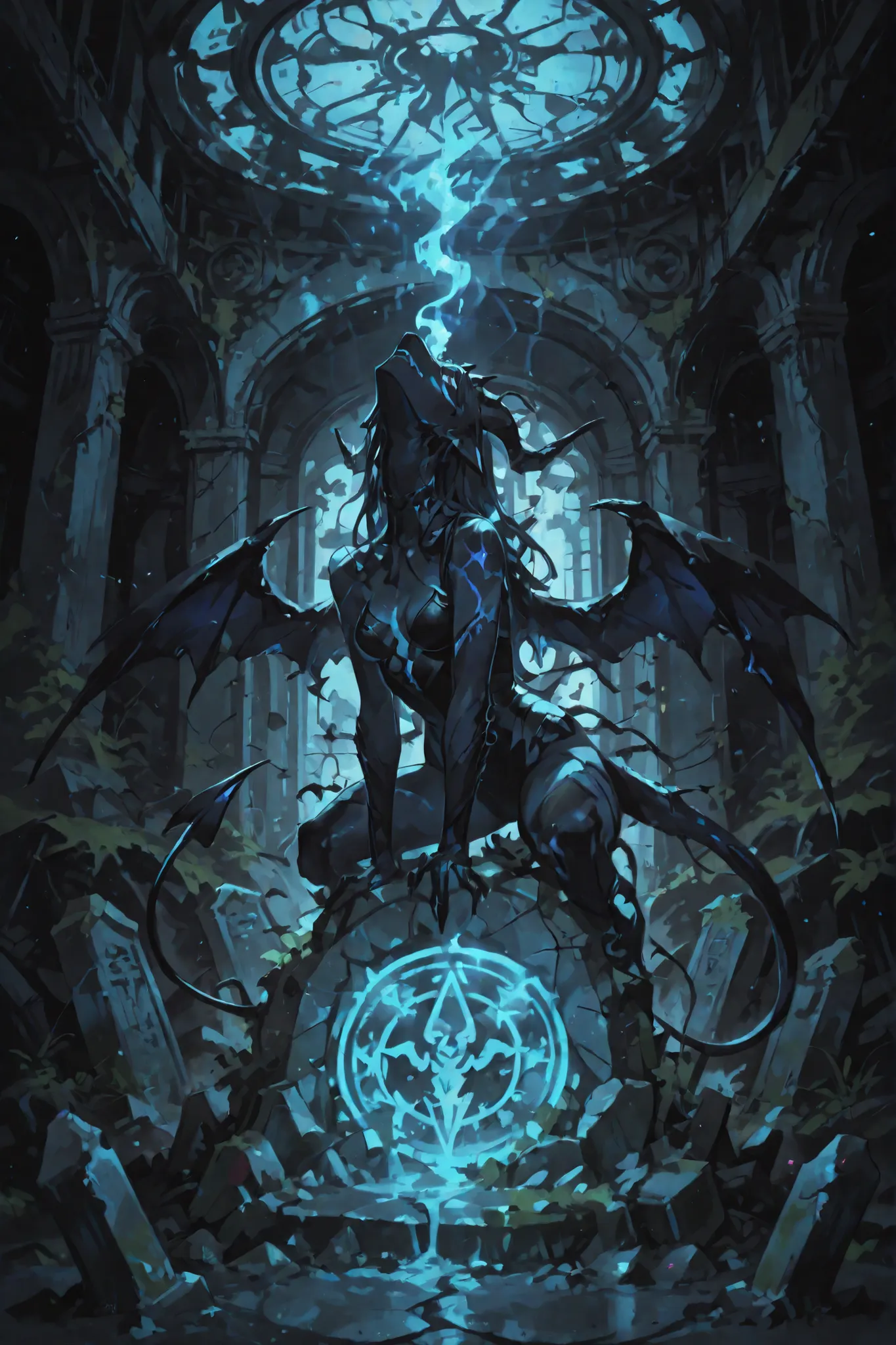 in ancient collapsed ruins,  an overgrown temple , A cracked, weathered magic circle emits an unhealthy blue light.grotesque, the upper body of a demon with multiple legs twists、Push out the portal, skin covered with strange symbols..merges with decayed st...