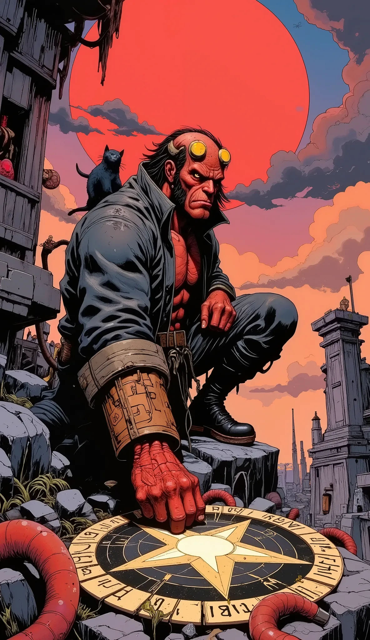 (masterpiece), ultra detailed, anime version of Hellboy 
Hellboy crouching in a dynamic pose, with one hand resting firmly on a cracked gray rock 
Large and expressive yellow eyes,  Little fangs , and small horns lined up 
his right hand ((Right Hand of Do...