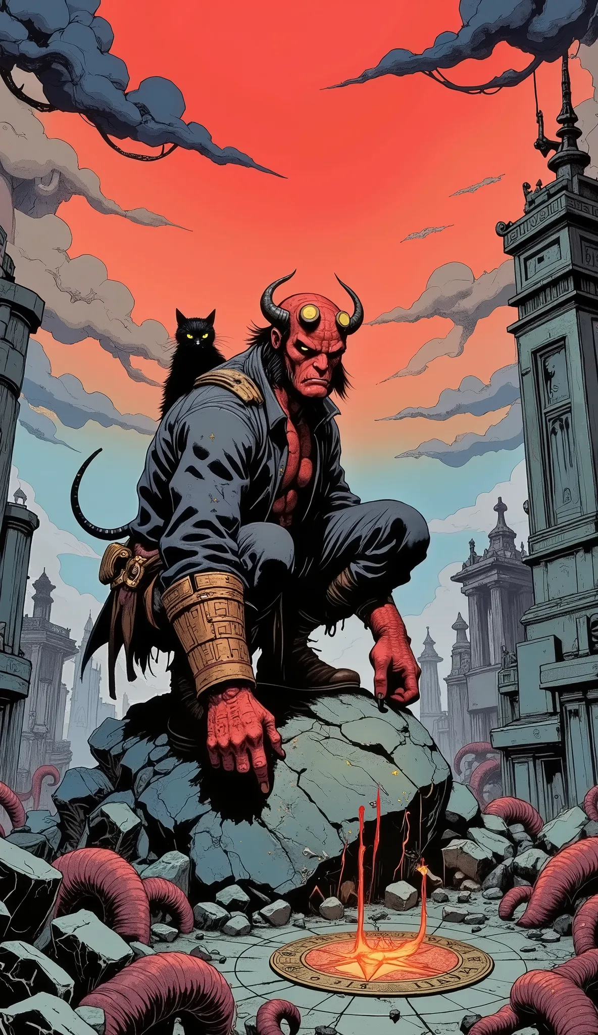 (masterpiece), ultra detailed, anime version of Hellboy 
Hellboy crouching in a dynamic pose, with one hand resting firmly on a cracked gray rock 
Large and expressive yellow eyes,  Little fangs , and small horns lined up 
his right hand ((Right Hand of Do...