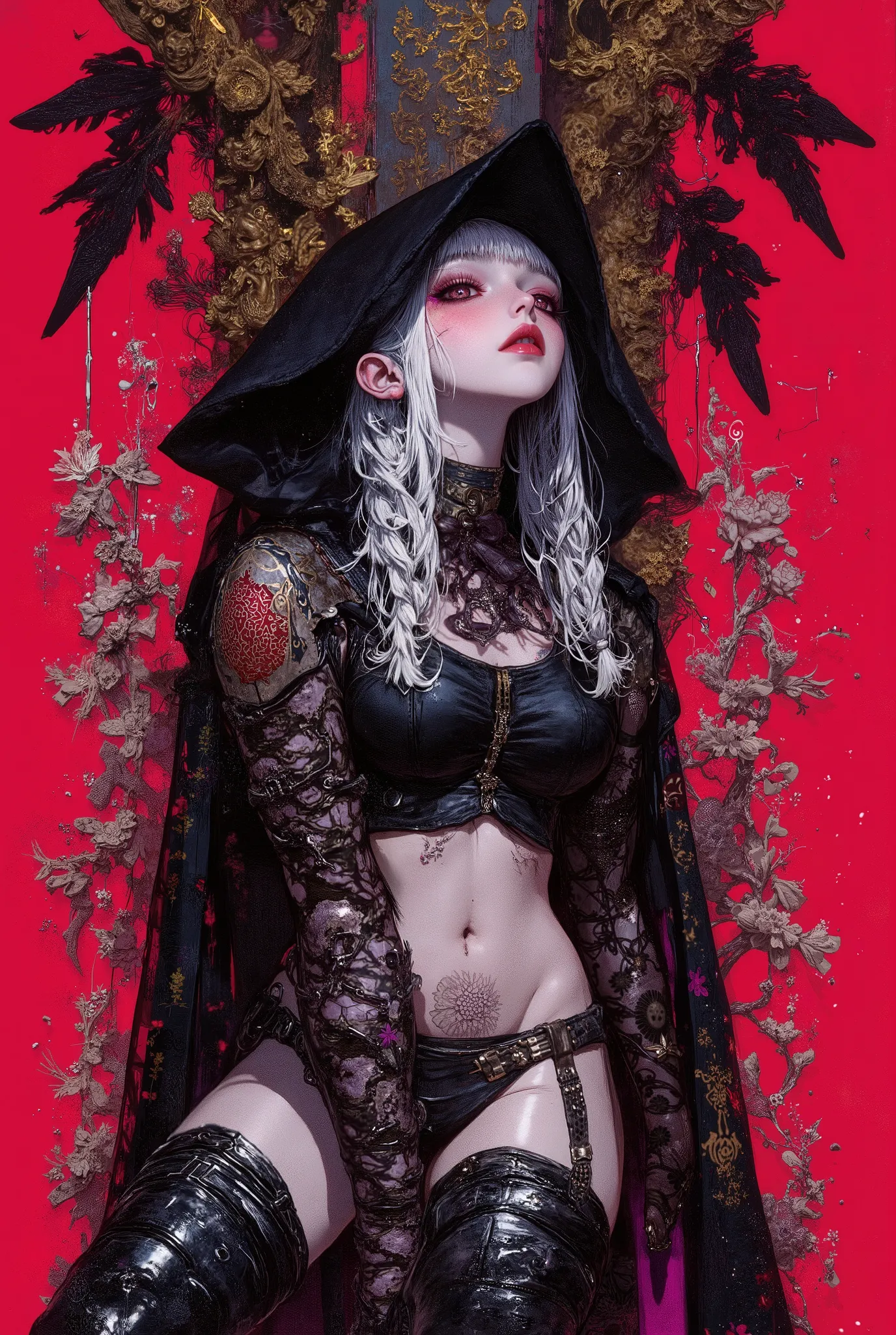 Gothic_girl, ((top quality)), (super high resolution), (super detailed), Chris Bachalo inspired, exquisite digital illustration, womanhood, Studio Ghibli Dark Fantasy, a tall skinny female high fashion model goddess, heavy eye makeup, hauntingly beautiful,...