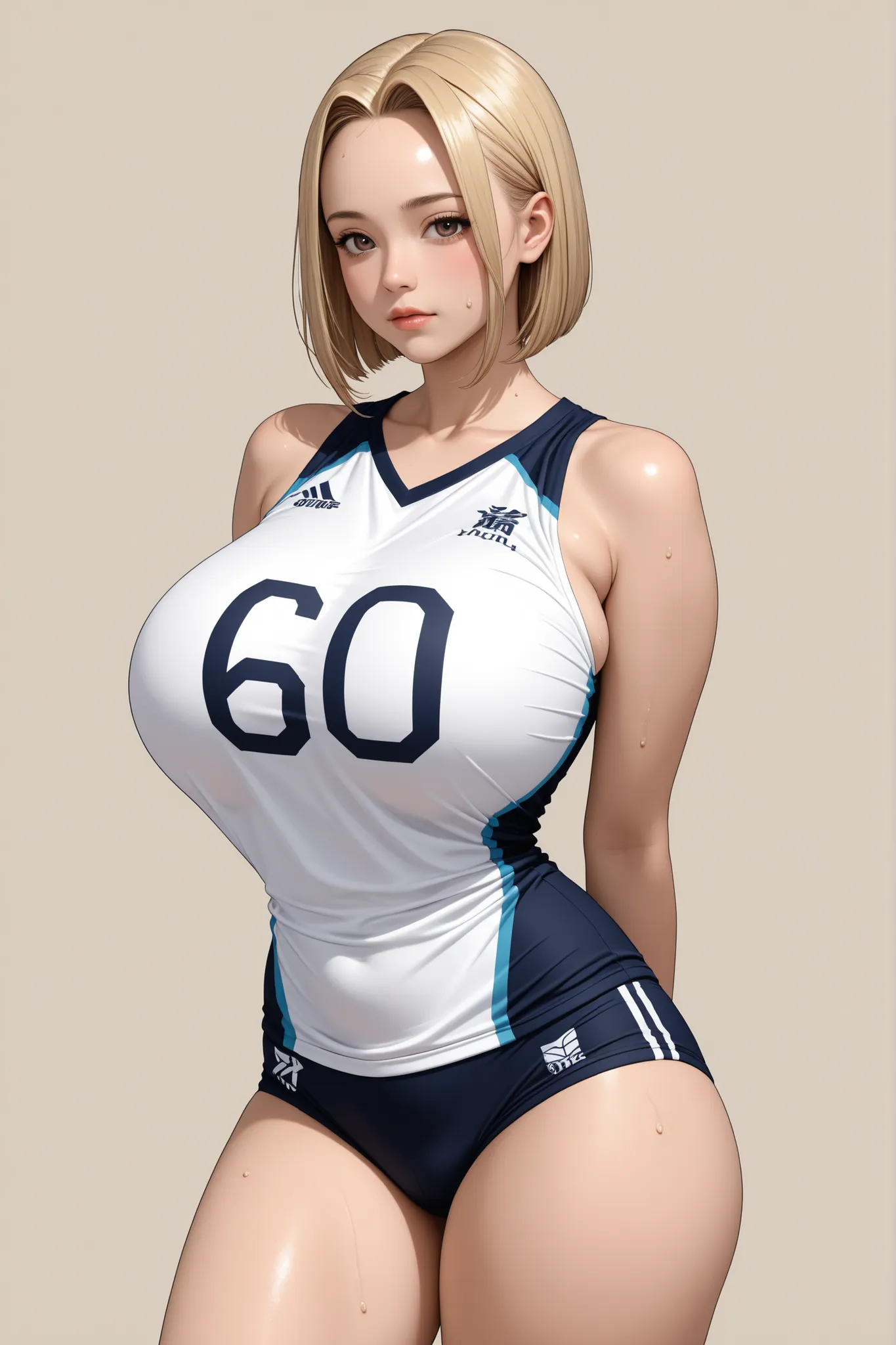 Girl alone、masterpiece、High resolution、Best Quality、((((Huge breasts))))、Narrow waist、1 young korean girl、Volleyball Uniforms、blonde、Short Hair、expensive、Red cheeks、vapor、sweat、Attractive look、one length bob cut hair, ((forehead, hair intakes))、Tomboy、A re...