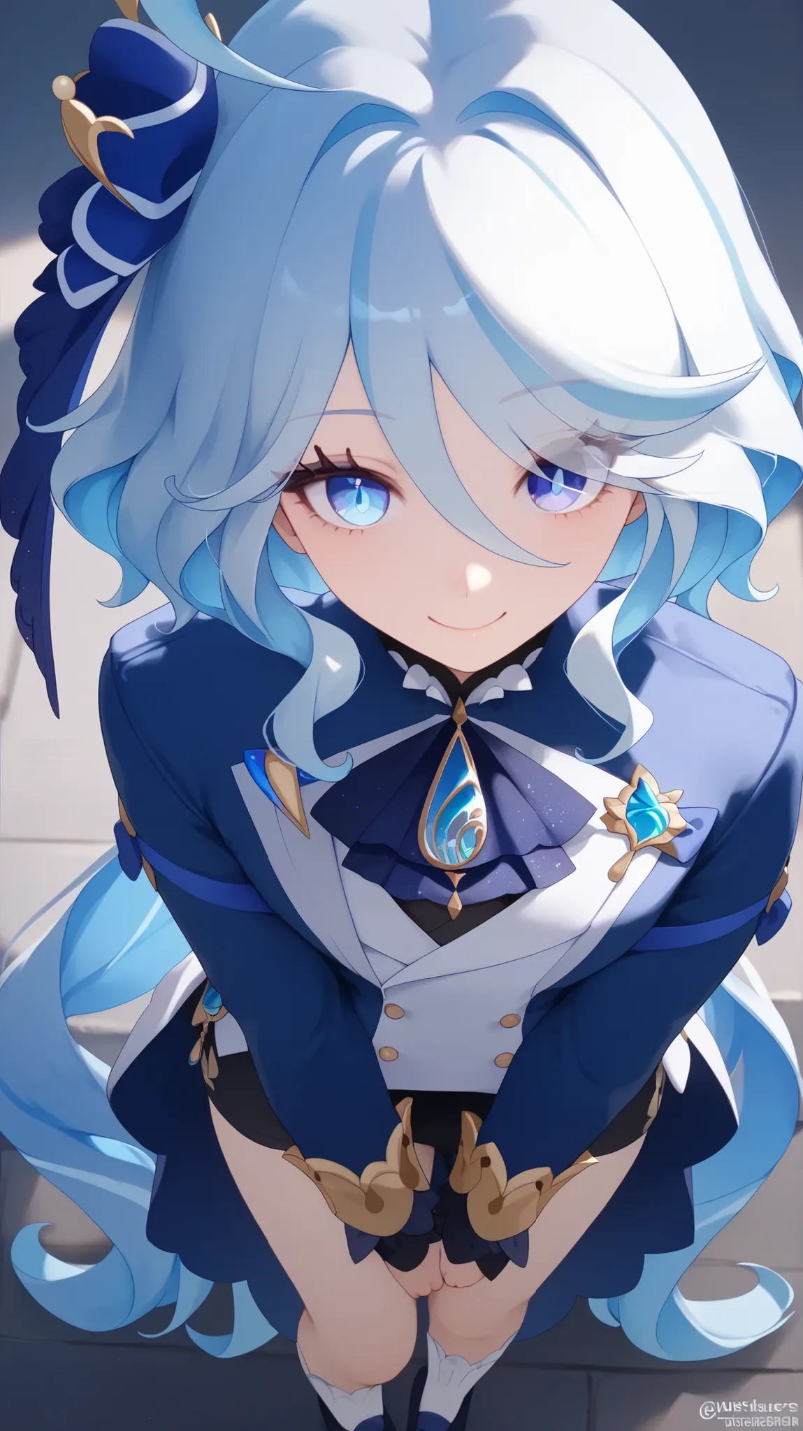 (highest quality:1.2, Very detailed, up to date, Vibrant, Ultra-high resolution, High Contrast, masterpiece:1.2, highest quality, Best aesthetics), bery round face, very cute face, (((1 girl))), furina \(genshin impact \), blue eyes, masterpiece, maximum q...