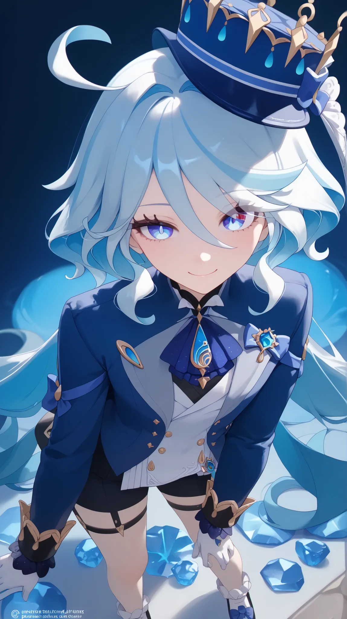 (highest quality:1.2, Very detailed, up to date, Vibrant, Ultra-high resolution, High Contrast, masterpiece:1.2, highest quality, Best aesthetics), bery round face, very cute face, (((1 girl))), furina \(genshin impact \), blue eyes, masterpiece, maximum q...