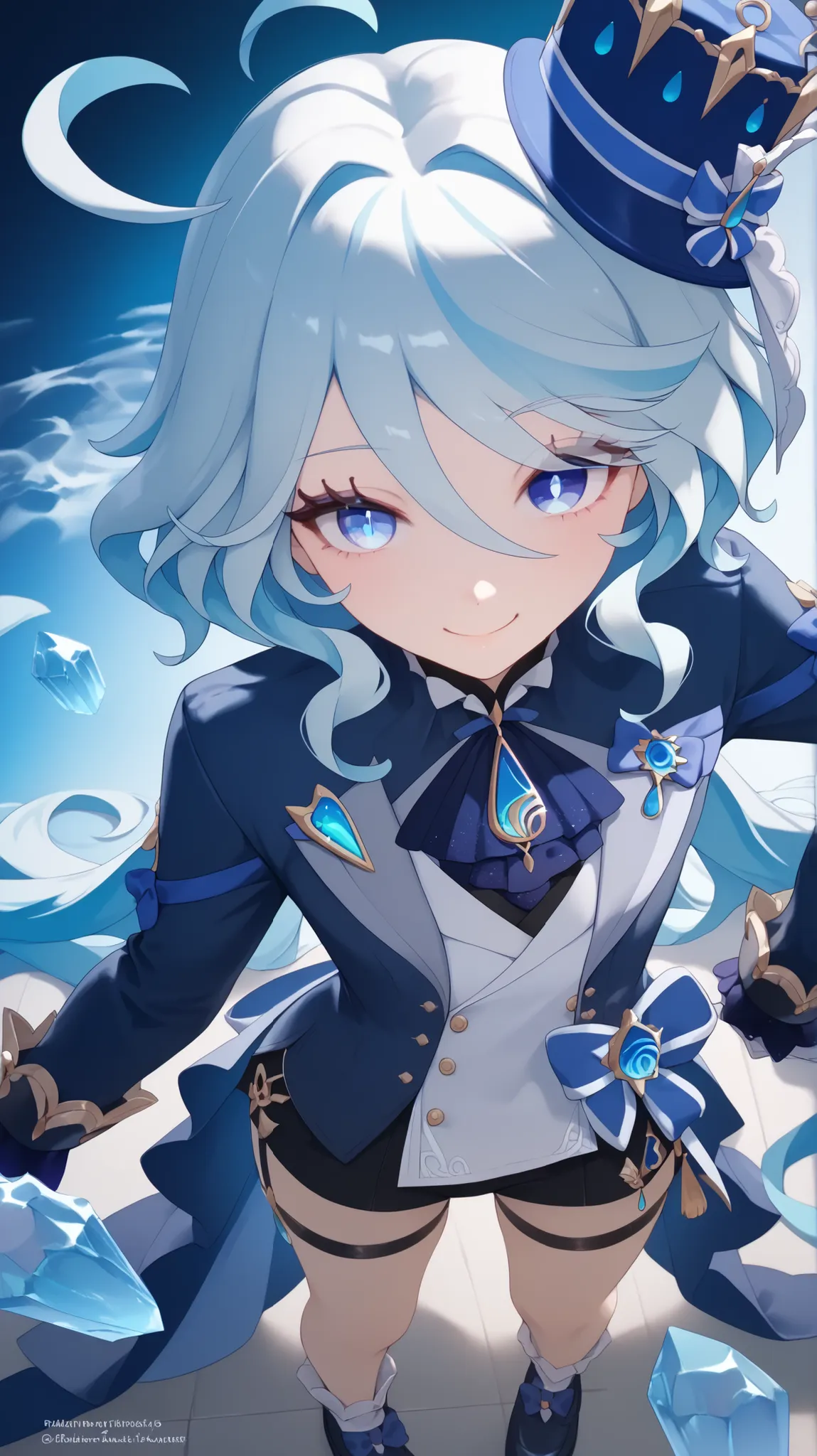 (highest quality:1.2, Very detailed, up to date, Vibrant, Ultra-high resolution, High Contrast, masterpiece:1.2, highest quality, Best aesthetics), bery round face, very cute face, (((1 girl))), furina \(genshin impact \), blue eyes, masterpiece, maximum q...