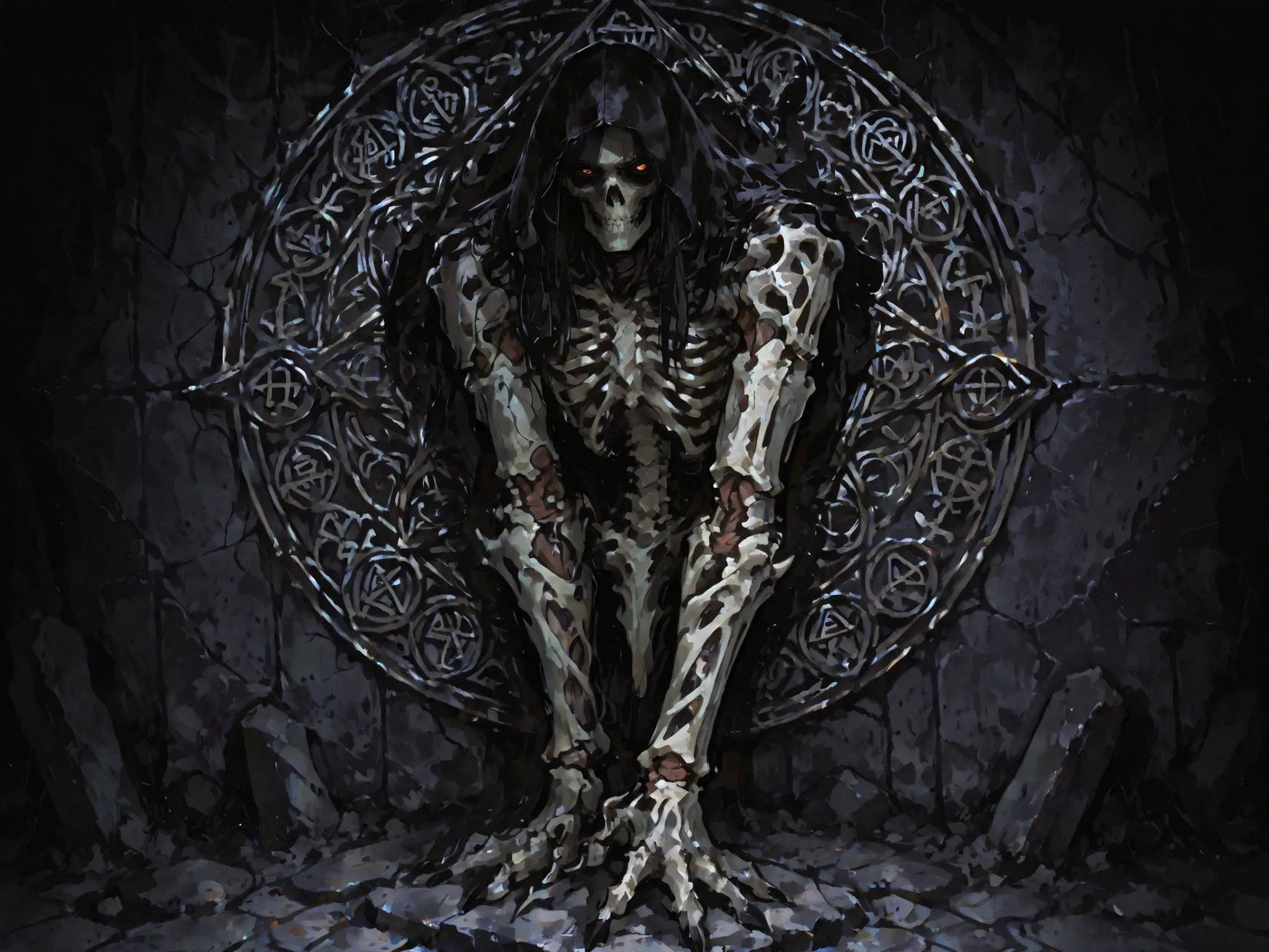 The, ancient magic circle engraved on the dark,  Weathered Stone Floors , single,  long and slender, bone arms with sharp claws appear, . dark fantasy art style, casts dramatic shadows, shadows dance on the surrounding wall. where ethereal light is emitted...