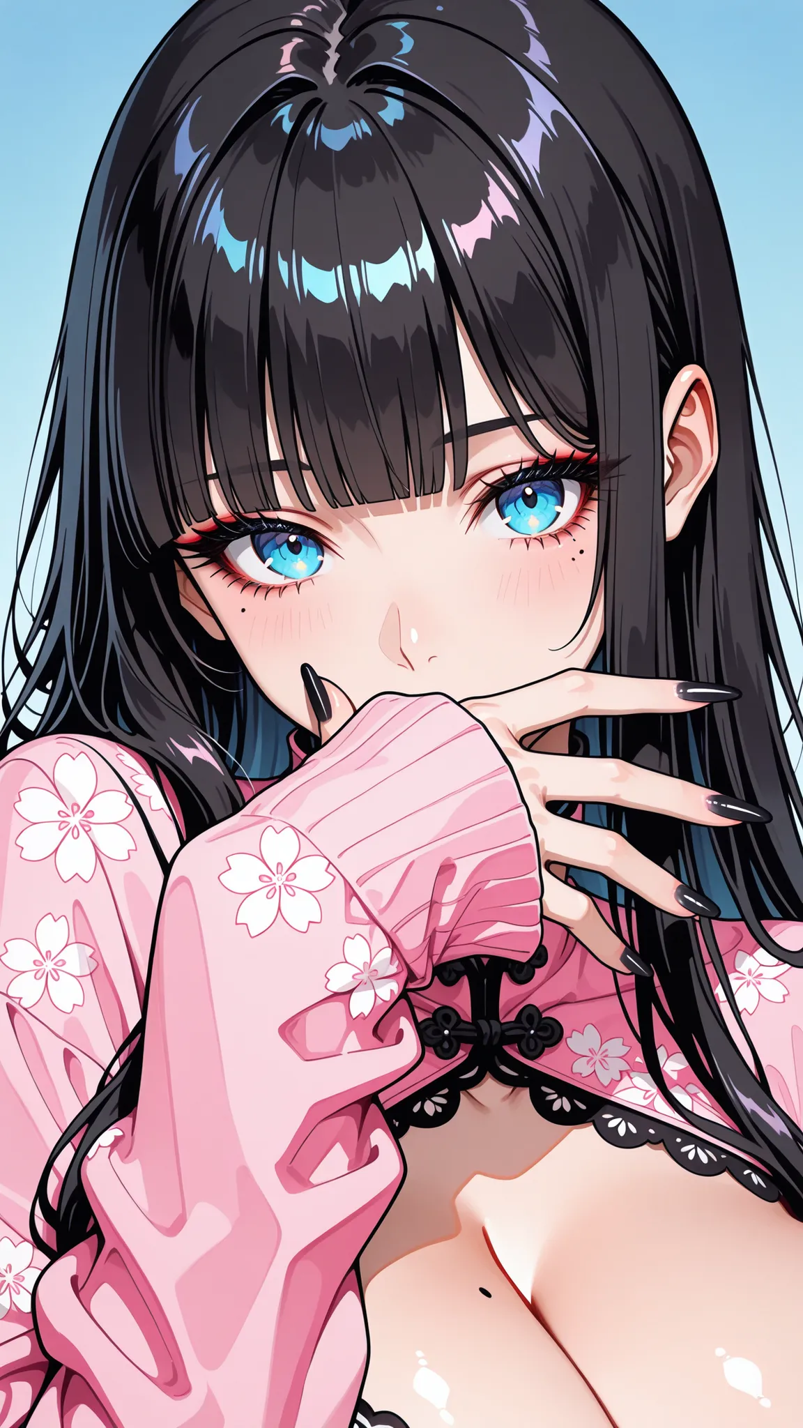 (masterpiece, best quality, very aesthetic, ai-generated, intricate details, anime art, line art, watercolour:1.2),
masterpiece, best quality, 1girl, solo, bangs, mole under eye, black nails, blunt bangs, mole, blue background, simple background, black hai...