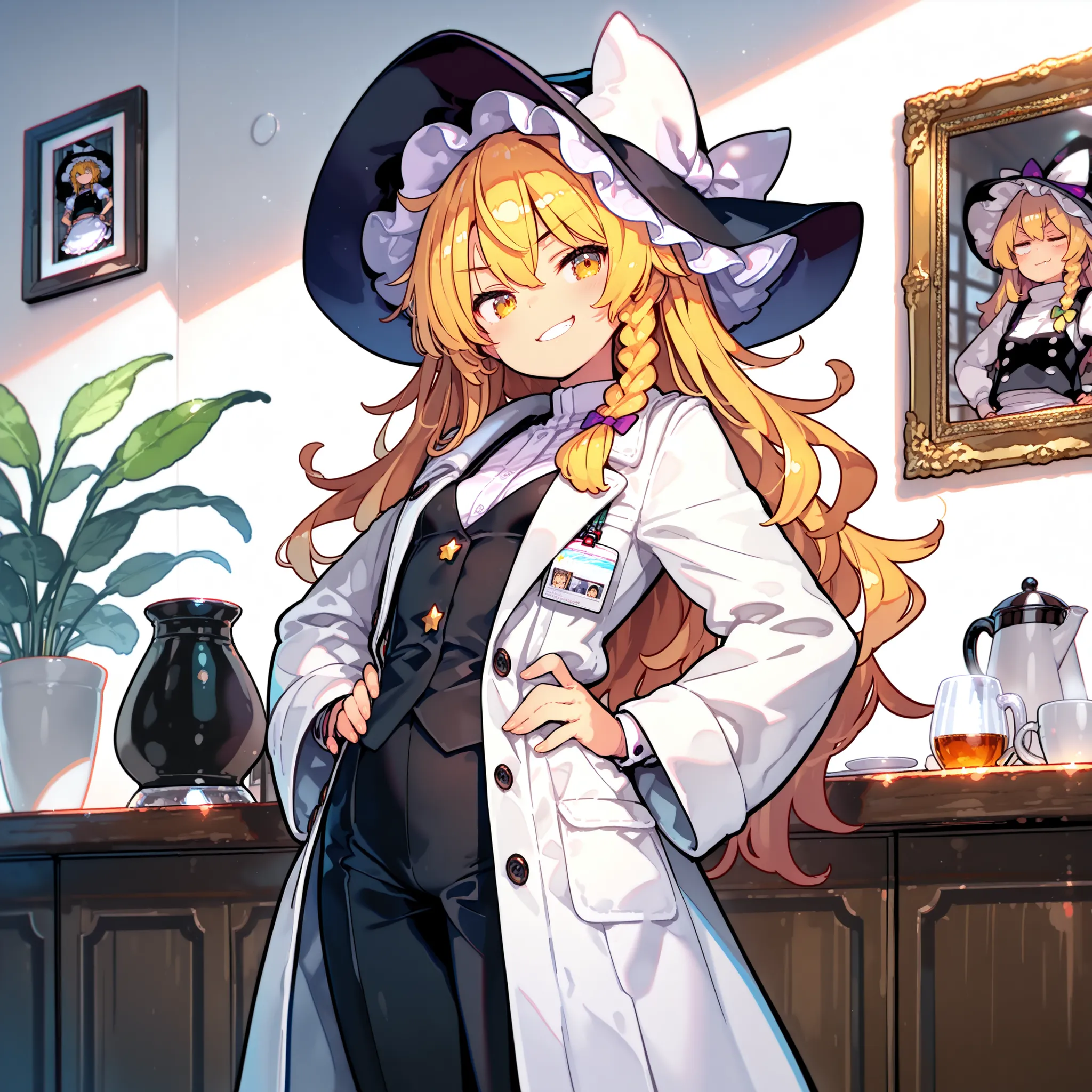 Kirisame marisa,and put on the scientist's white coat, naughty look,Standing still,Take a picture of your whole body with a ribbon,Take a picture of all the hats,A cup,hands on hips