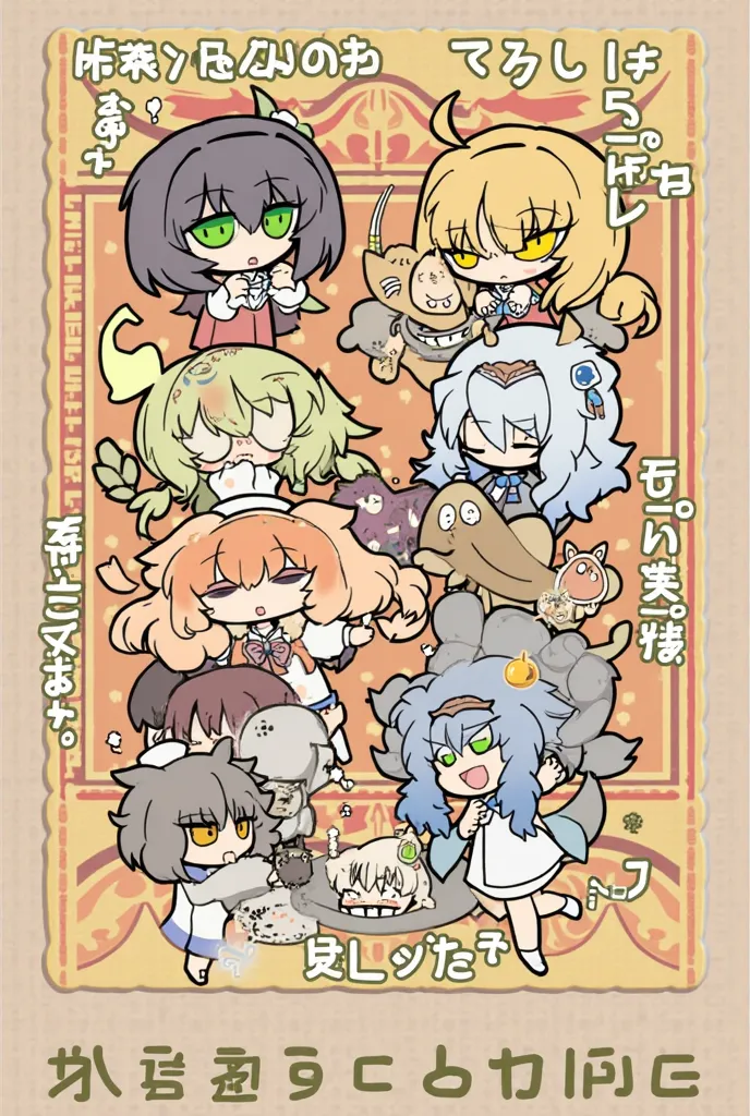 青い空と緑豊かな丘のある鮮やかな屋外の背景に、5人の漫画のようなキャラクターが一列に並んでいる. 最初のキャラクター, 左に, 茶色の帽子をかぶったベージュ色の人物, でびっくりした表情です. 次は小さな角があり、目を半分閉じている赤いキャラクター, 無頓着な態度を示唆している. 中央の人物はピンク色で、高いウサギの耳と明るい笑顔をしている, 頭の上のリボンによって強調されている. その右側には、ヘッドフォンをつけたオレンジ色のキャラクターがいて、落ち着いた表情をしている. 5番目の人物は水色で、ネズミのような丸い耳をしている, 心配そうな、または困惑した表情をしている. 各キャラクターは大きい, 表情豊かな丸い目.  の上部 , カラフルなアイコンの選択はカスタマイズ可能な機能を示している可能性がある, さまざまな帽子やアクセサリーなど, インタラクティブまたはゲームのような要素を示唆している. 全体的なムードは遊び心があり想像力豊かです.