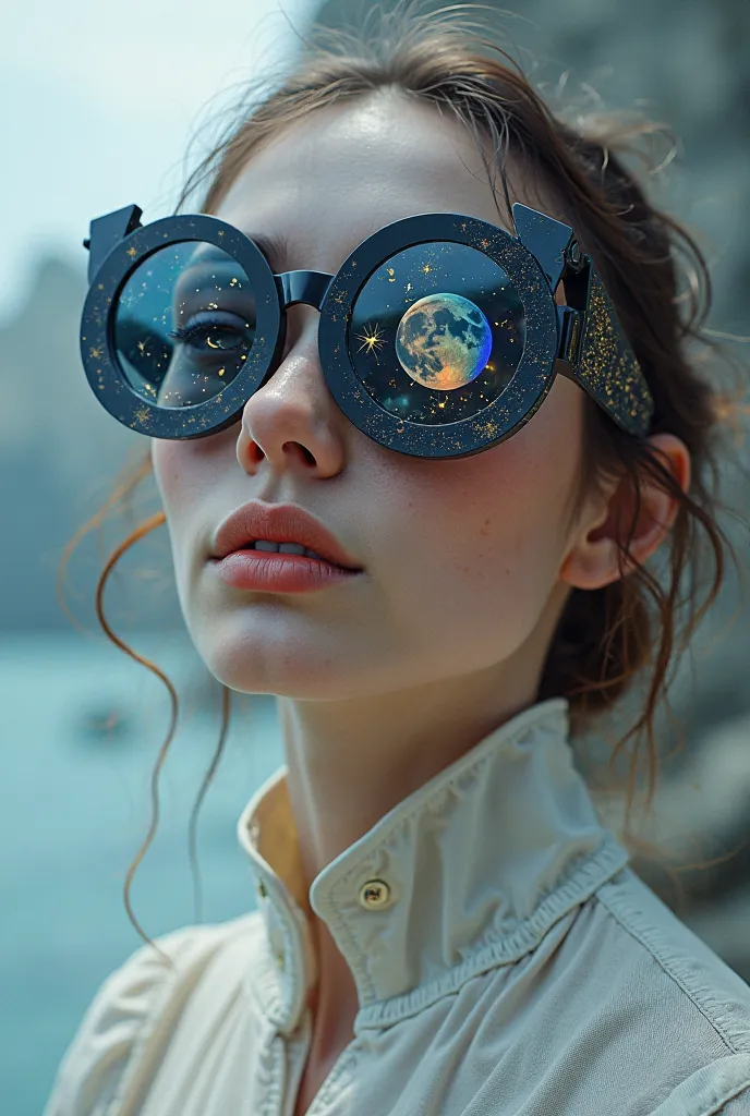 The model is wearing glass sunglasses with stars and the moon on the glass