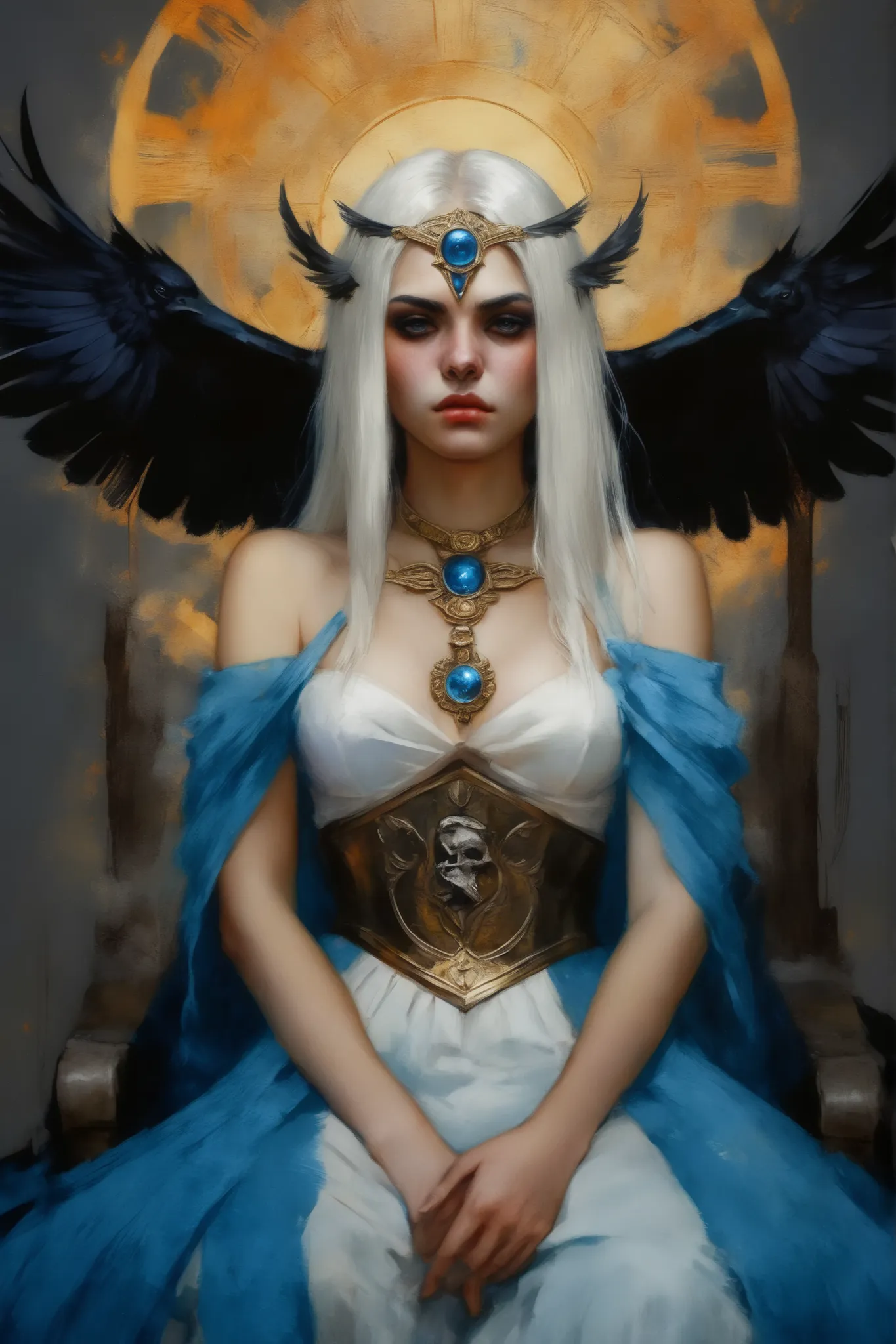 (best quality,4k,8k,highres,masterpiece:1.2),ultra-detailed,(realistic,photorealistic,photo-realistic:1.37),oil painting,colorful,brush strokes,dramatic lighting,horror,skull man warrior,aged paper,aesthetic,dripping ink,gritty texture,dark and moody atmos...