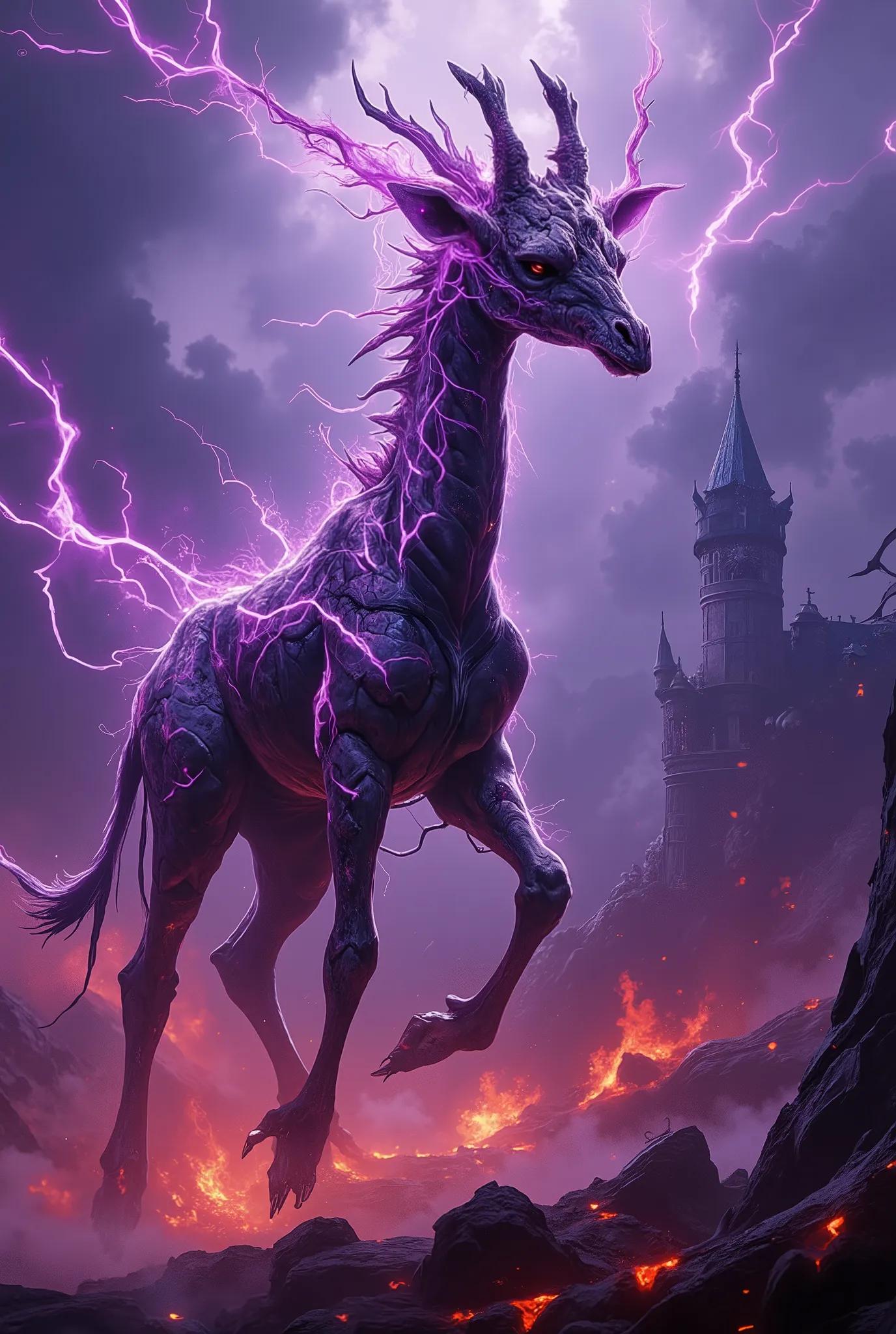 ArsNijiStyle,ArsNijiStyle,dark style purple electric giraffe flying in the air,The nail is covered with corrosive dark purple energy lines,lightning effects mixed with black lightning,Double pupils emit blood-red light,sharp bone spurs spreading from spine...