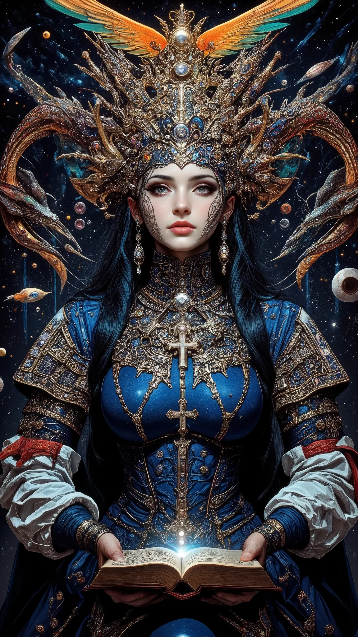 Surreal Painting,  An extravagant, mysterious female figure dressed in intricately embroidered cobalt blue medieval clothing that fits her form perfectly , A jeweled rosary necklace with a large crucifix rests on her shoulder,Allusions to a historical or r...