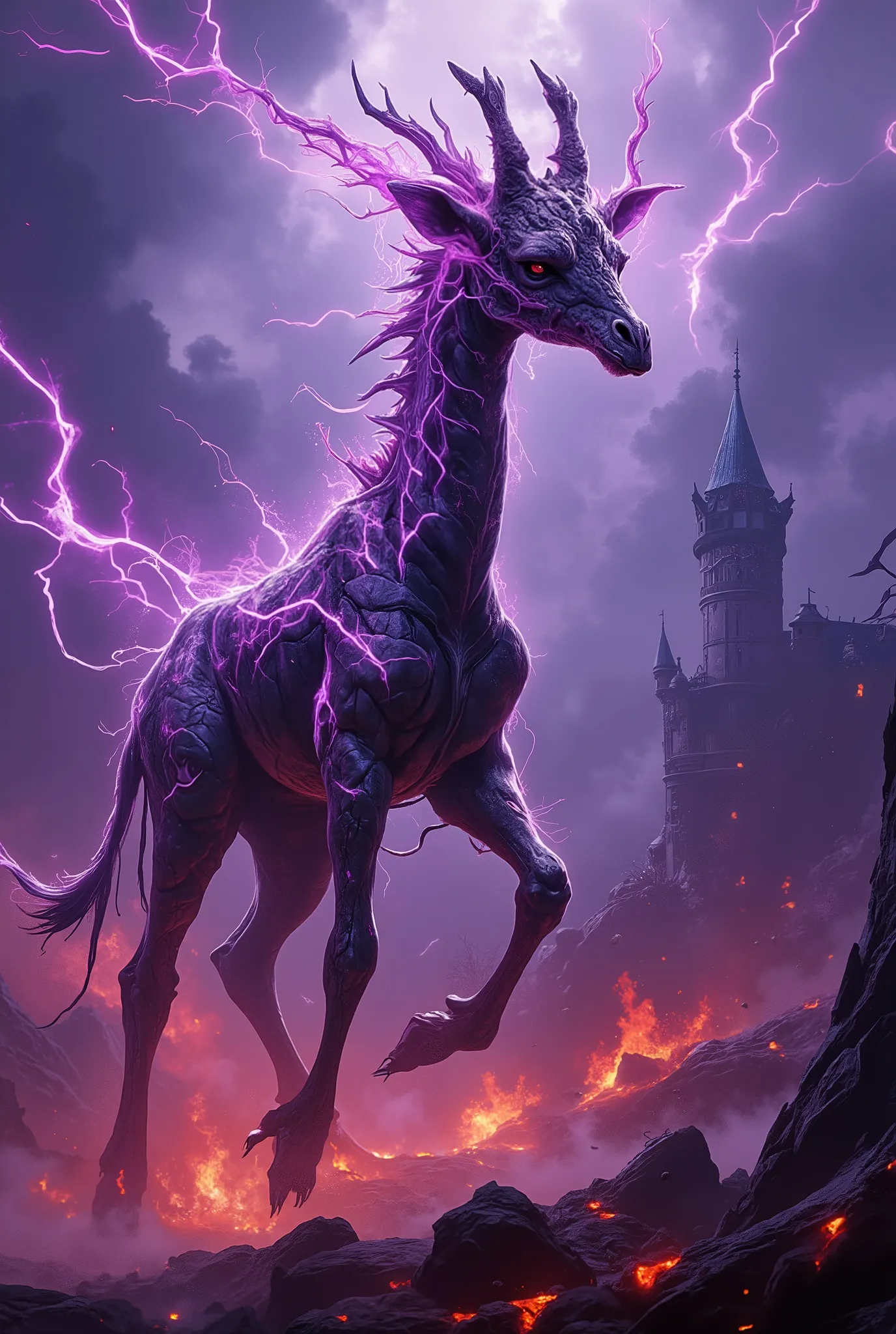 ArsNijiStyle,ArsNijiStyle,dark style purple electric giraffe flying in the air,The nail is covered with corrosive dark purple energy lines,lightning effects mixed with black lightning,Double pupils emit blood-red light,sharp bone spurs spreading from spine...