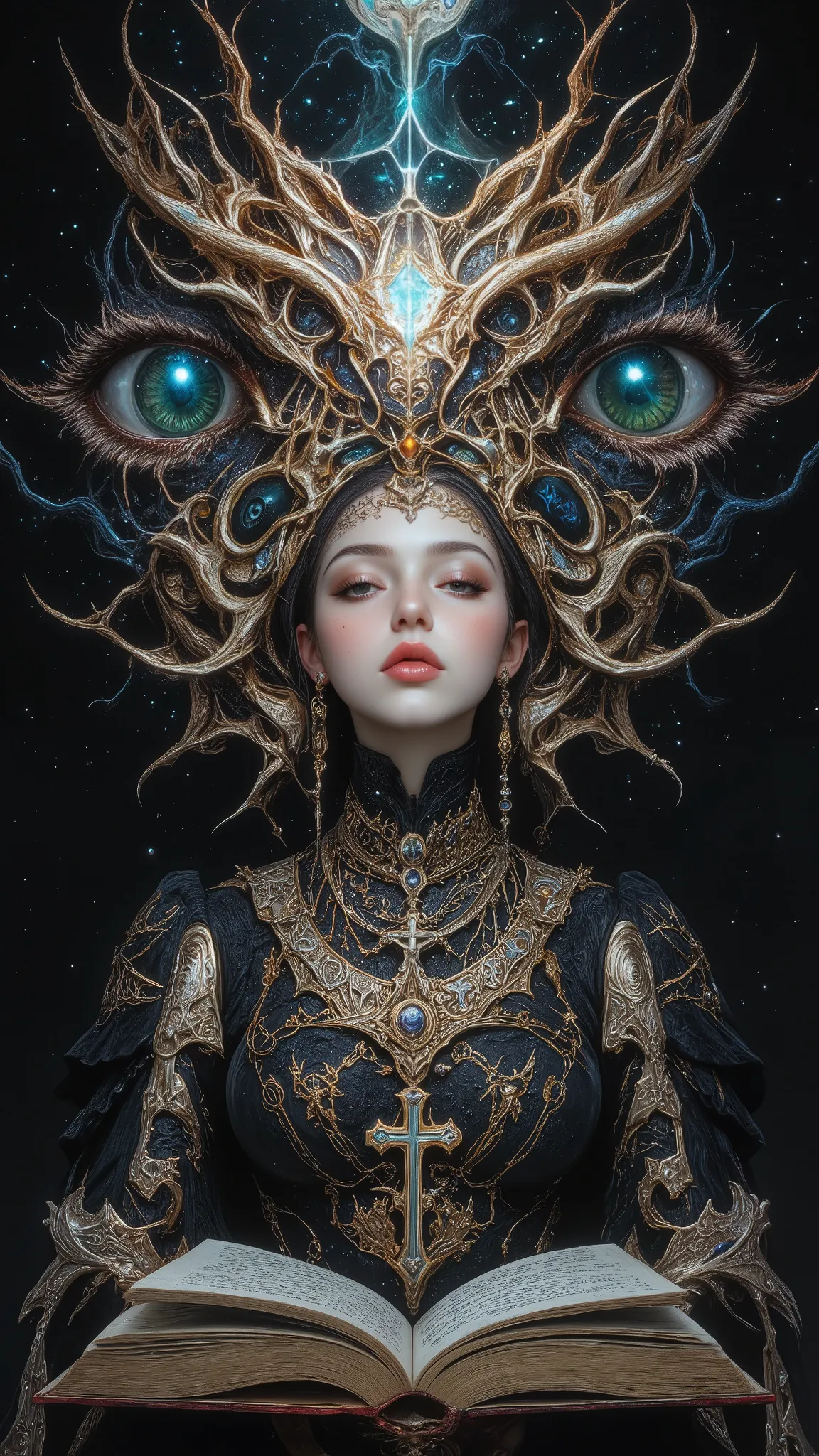 Surreal Painting,  An extravagant, mysterious female figure dressed in intricately embroidered black and white medieval clothing that fits her form perfectly , A jeweled rosary necklace with a large crucifix rests on her shoulder,Allusions to a historical ...