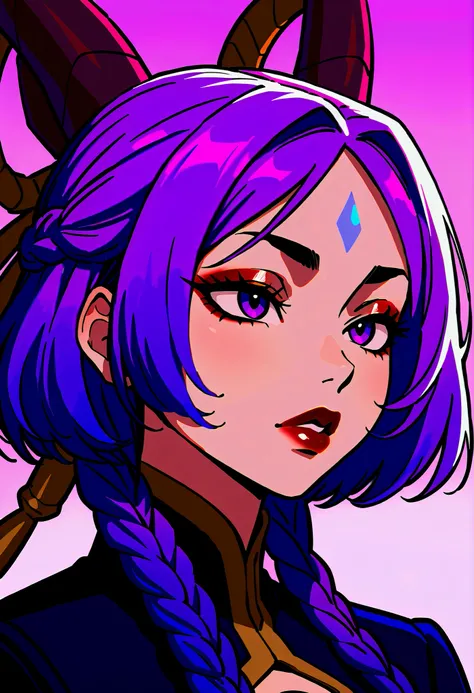 masterpiece, best quality, 1female, beautiful, portrait, deep makeup, lipstick, 1girl, eyeliner, deep makeup, 1girl, yunara_ionian, lilac eyes, lilac hair, 4braids, multiple braids, forehead mark, tassel, hair ornament, fake horn, hair tie