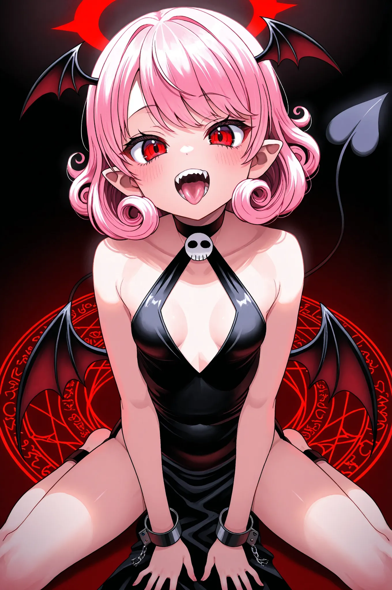 「Demon Summoning」。If you whisper in front of the magic circle、The wind from hell begins to blow quietly、little devil、Adorable Expression That Never Stops Being Mischievous、little devilがこっそり見せるいたずらっぽい笑顔、Petite Sexy Girl、pink hair with cuffs、short hair、Curly...