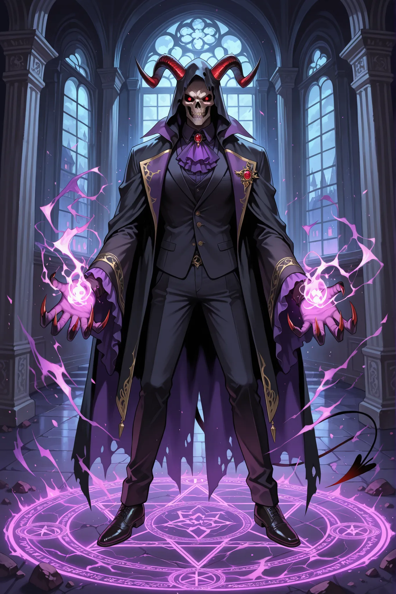masterpiece, best quality, ultra-detailed, 8K, 4K, perfect anatomy, A devilish bear with horns stands upright on a mysteriously glowing magic circle, its long claws extended. Inside a Gothic-style mansion, a magical book lies open in front of the magic cir...
