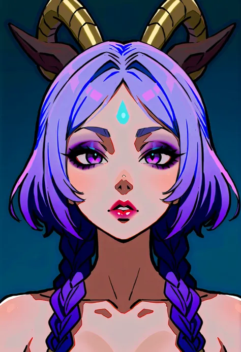 masterpiece, best quality, 1female, beautiful, portrait, deep makeup, lipstick, 1girl, eyeliner, deep makeup, 1girl, yunara_ionian, lilac eyes, lilac hair, 4braids, multiple braids, forehead mark, tassel, hair ornament, fake horn, hair tie