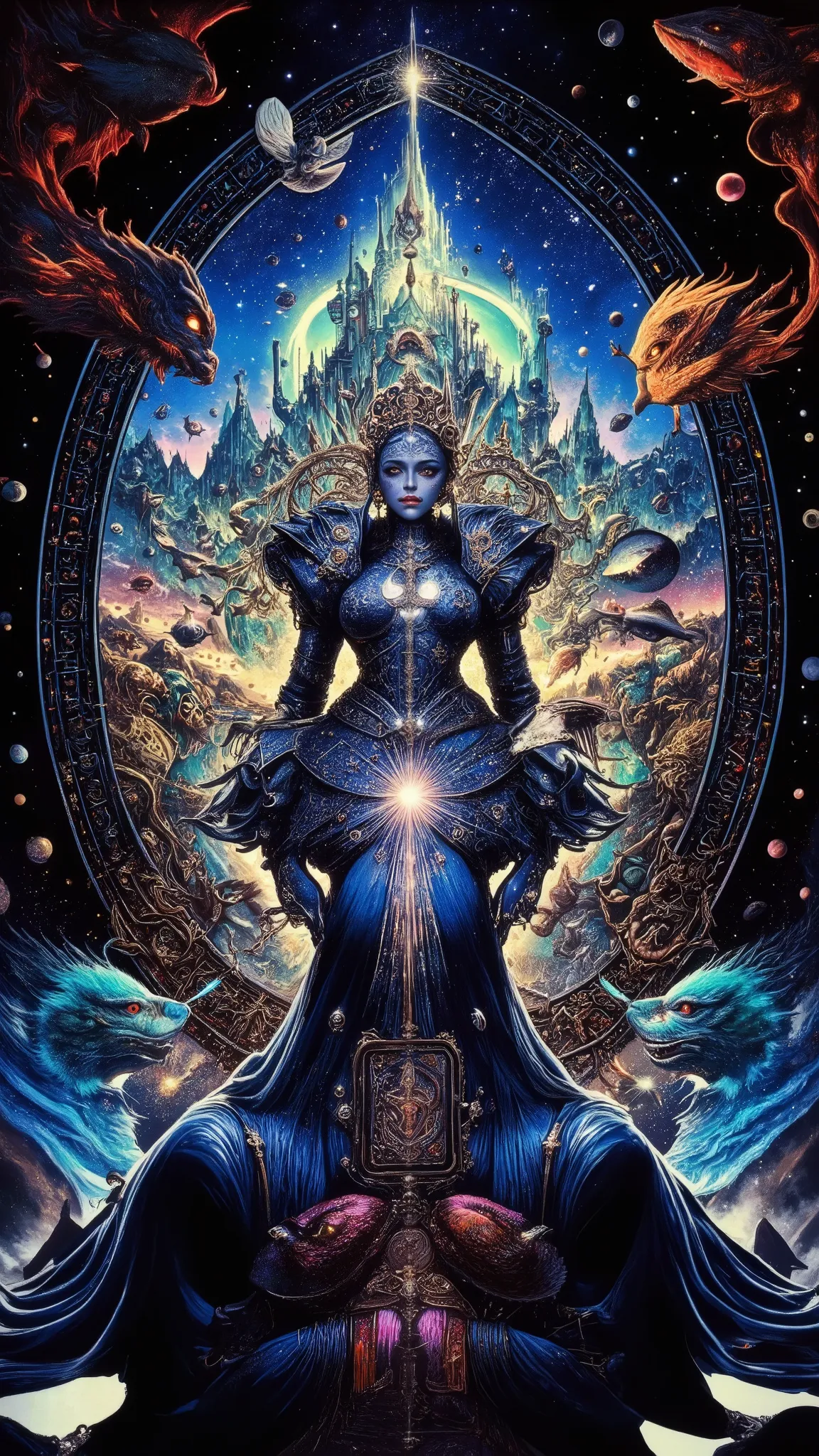 Surreal Painting,  An extravagant, mysterious female figure dressed in intricately embroidered cobalt blue medieval clothing that fits her form perfectly , A jeweled rosary necklace with a large crucifix rests on her shoulder,Allusions to a historical or r...