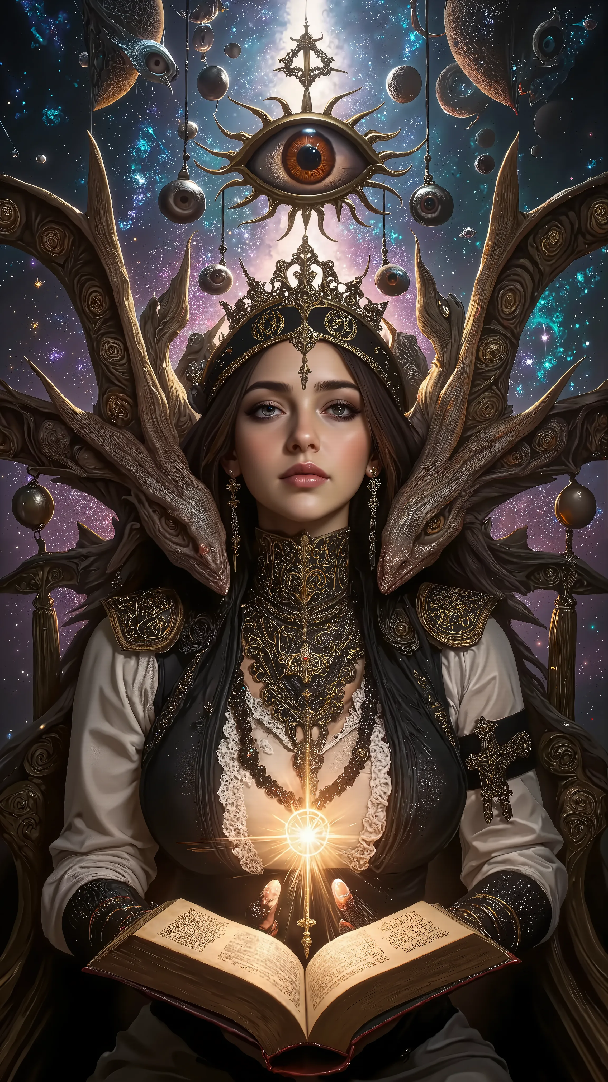 Surreal Painting,  An extravagant, mysterious female figure, gazes at viewer with secret smile,dressed in intricately embroidered black and white medieval clothing that fits her form perfectly , A jeweled rosary necklace with a large crucifix rests on her ...