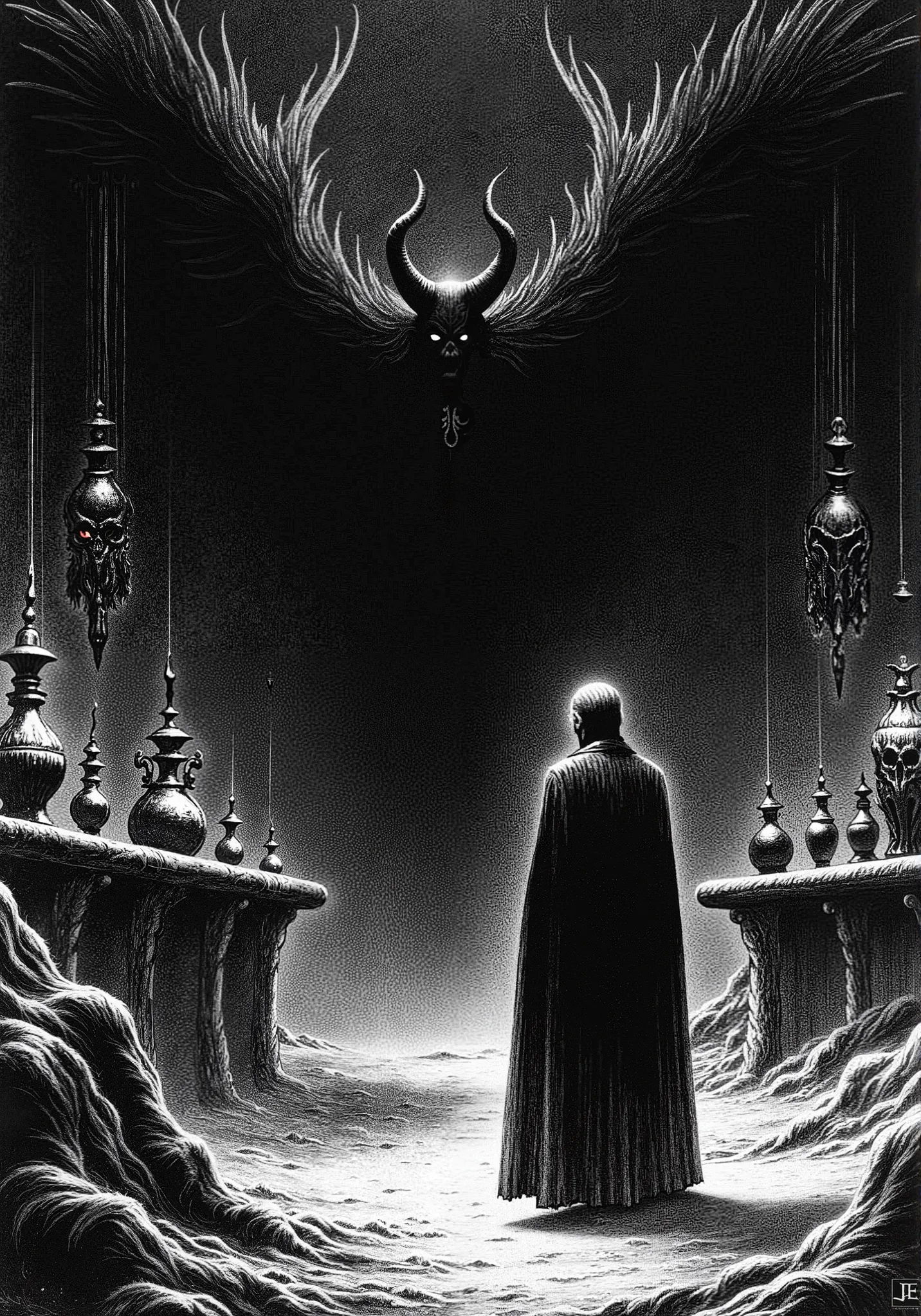 Depressive Black,black and white etching、Dr. Faust and the Devil with Wings are facing off、Alchemy Laboratory、