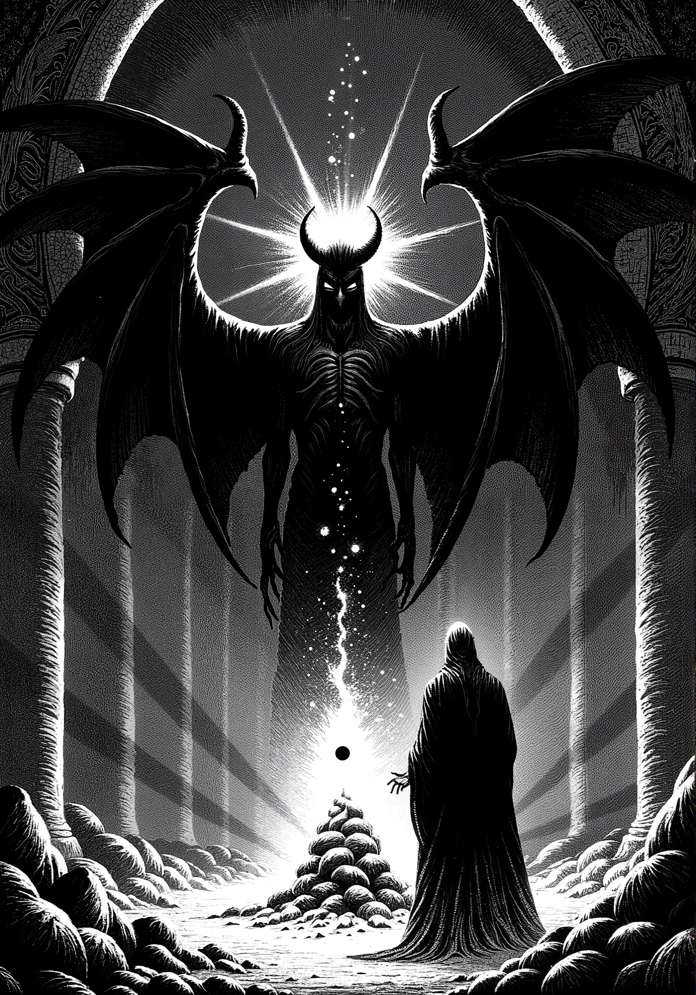 Depressive Black,black and white etching、Dr. Faust and the Devil with Wings are facing off、Alchemy Laboratory、